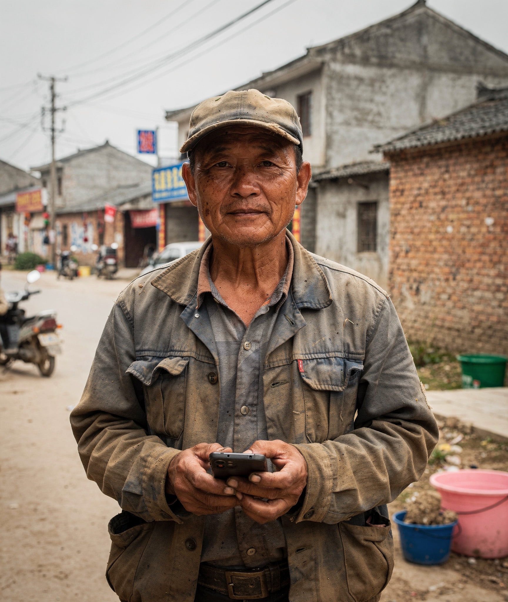 Portrait of an elderly Asian farmer or worker wearing a dirty cap and work jacket, looking directly at the camera while holding a modern smartphone in his hands on a rural village street.