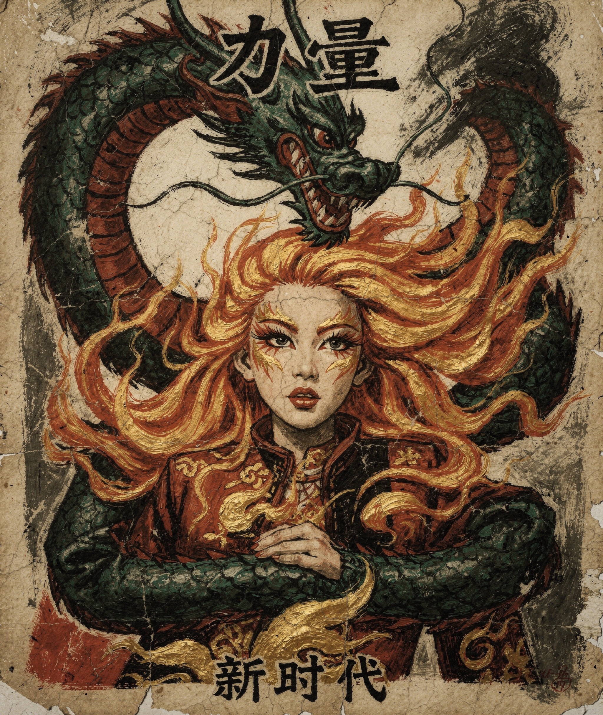 Expressionist propaganda poster of a Chinese model with fiery hair being swallowed by an ancient dragon