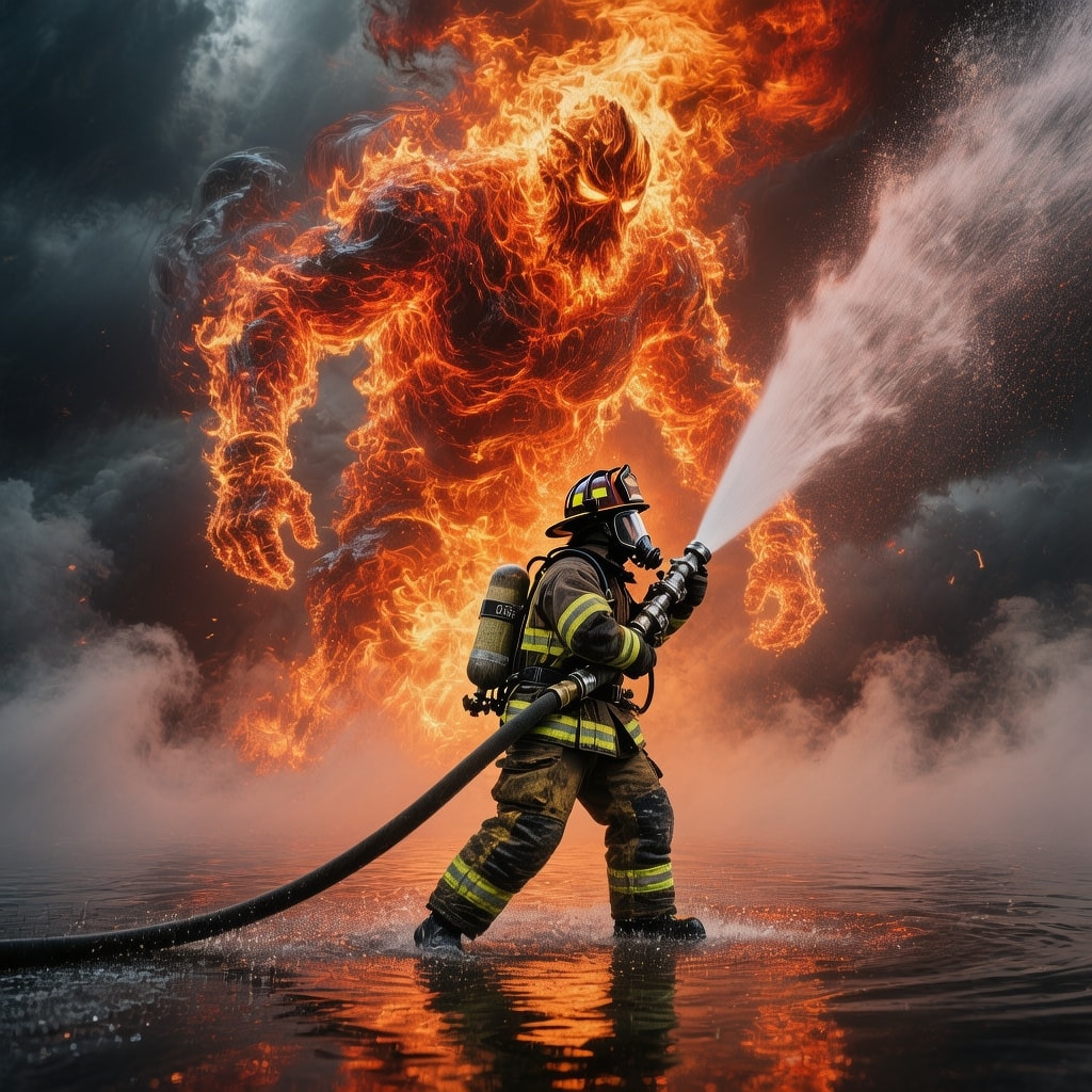 Firefighter in full gear spraying hose at large fiery humanoid emerging from stormy clouds