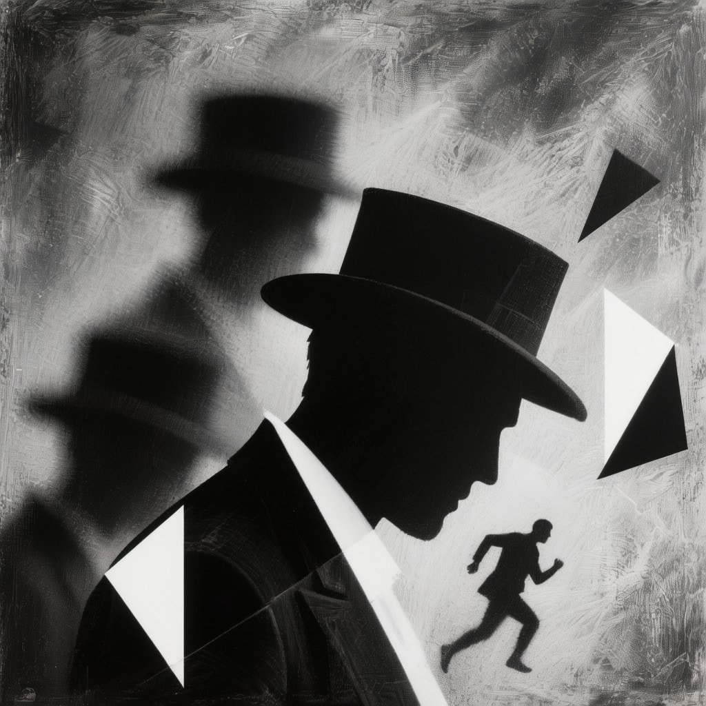 Black and white abstract artwork with silhouettes of men in formal attire, geometric triangles, and a running figure on a textured background.