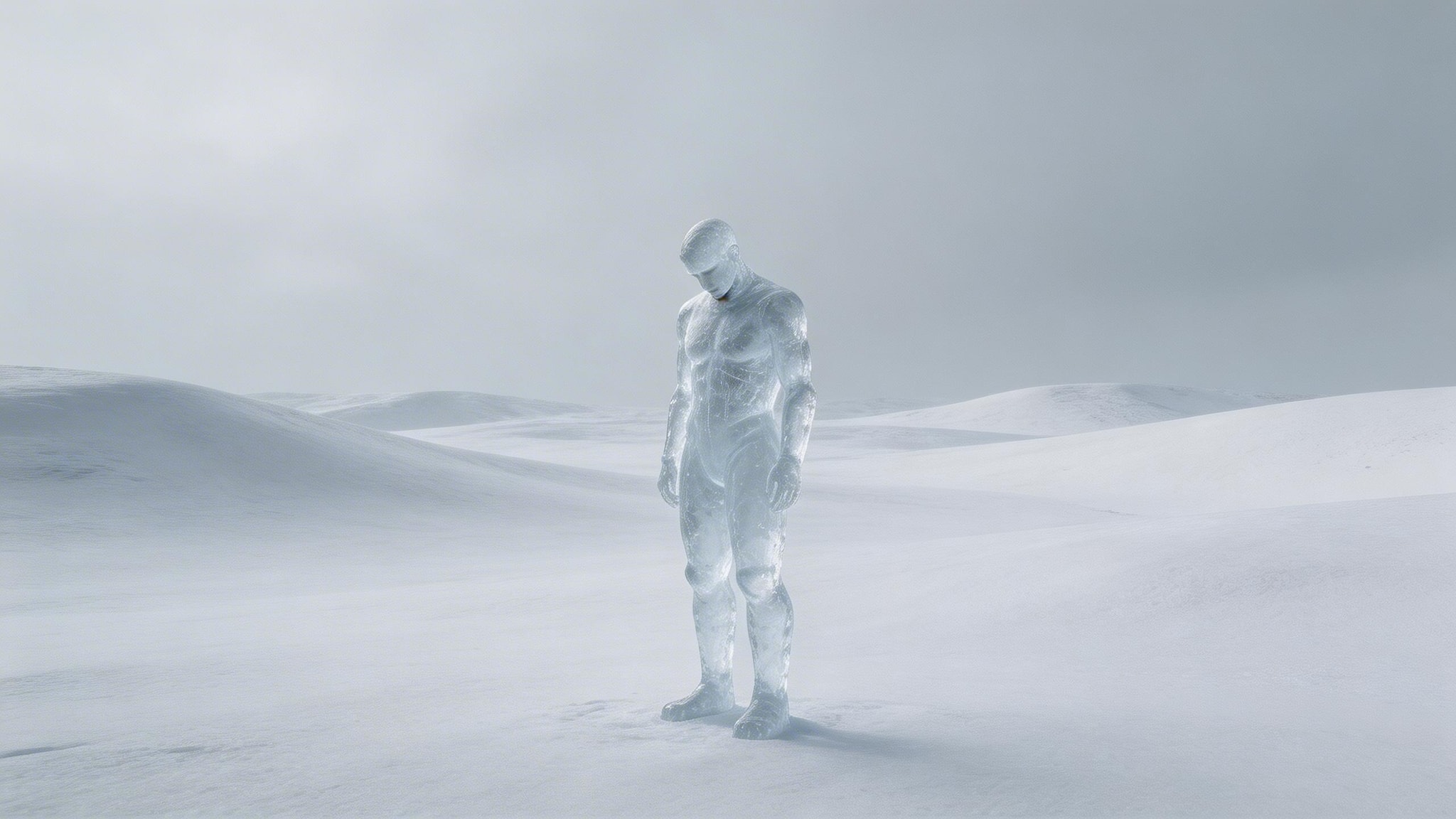 A humanoid figure encased in ice standing in a barren snowy landscape
