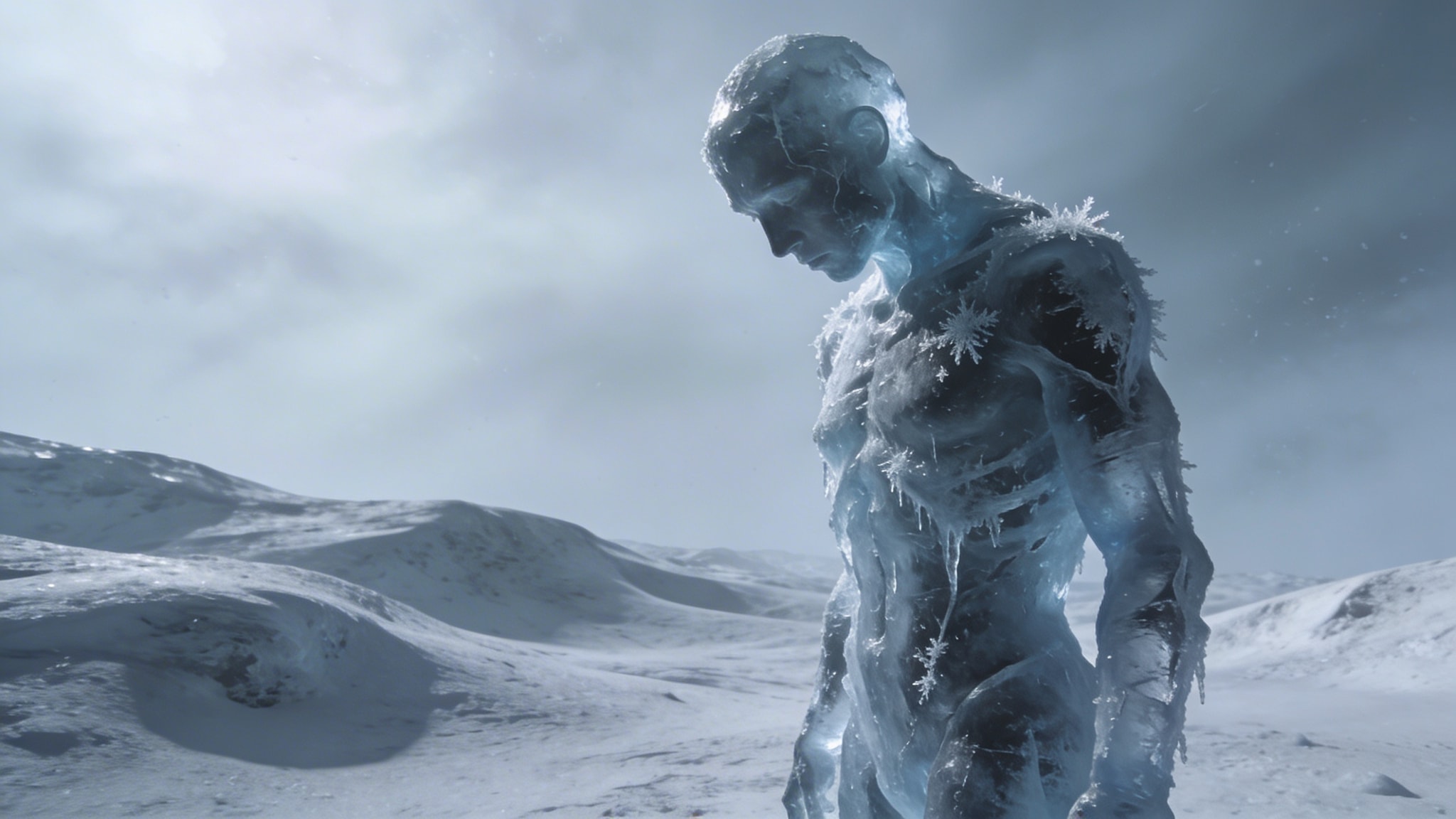 A humanoid figure encased in ice, standing in a barren, snow-covered dystopian landscape.