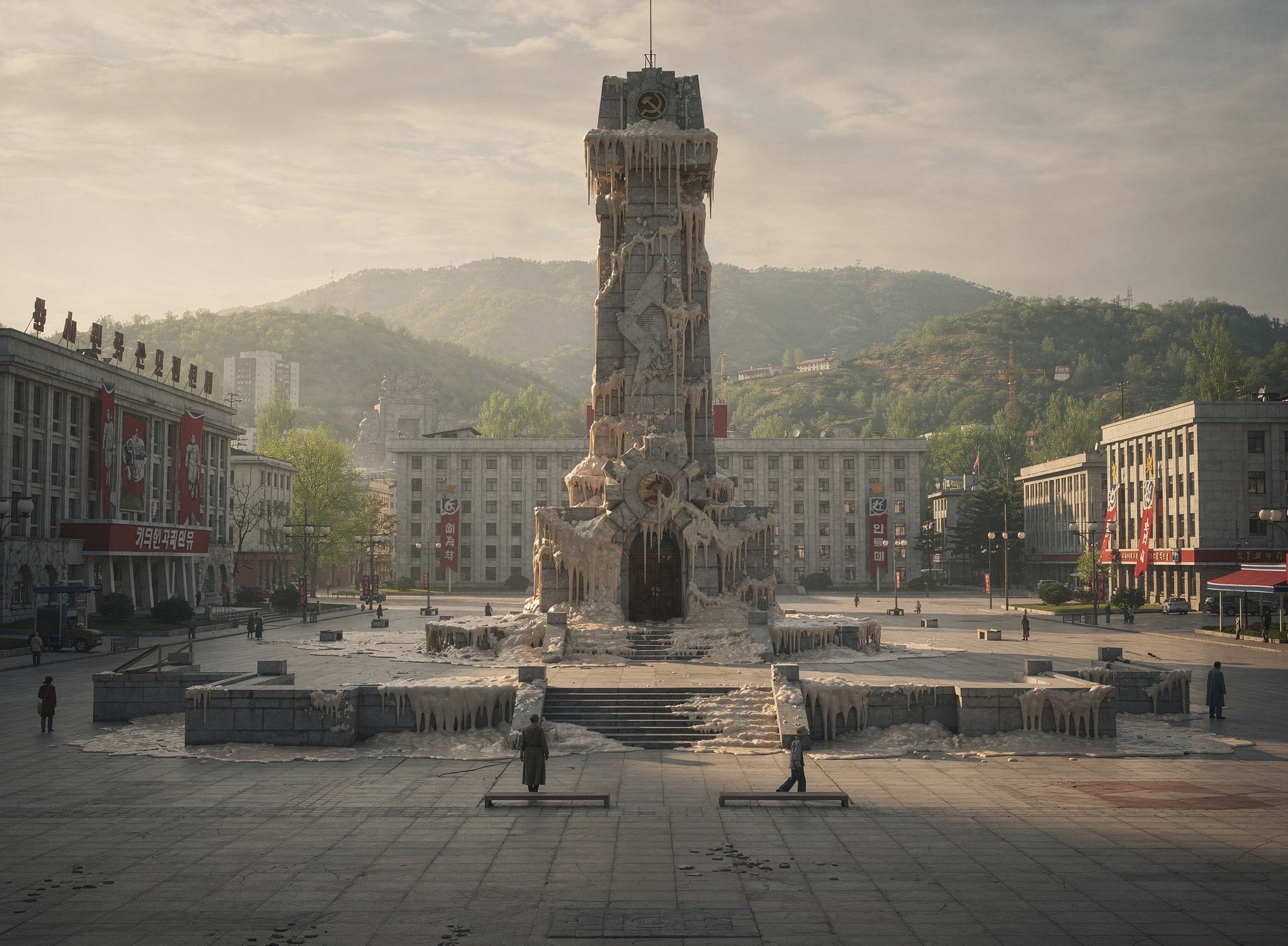 A large stone monument covered in thick frozen white drips in a city square.