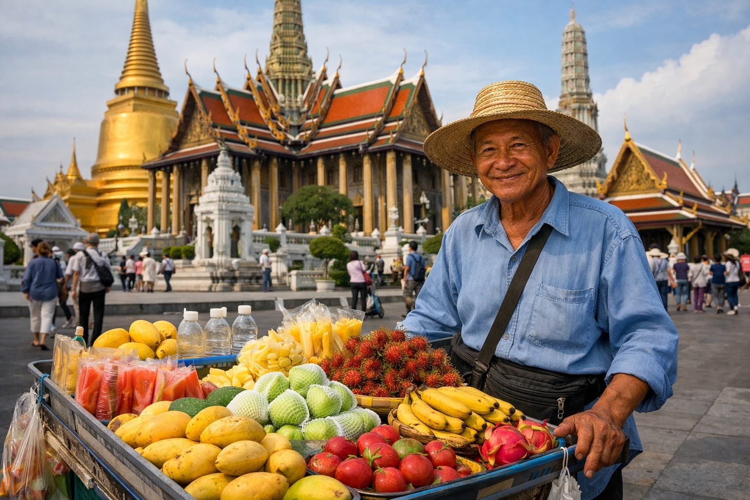 Photorealistic image of a fruit seller with produce in front of a Thai Buddhist temple