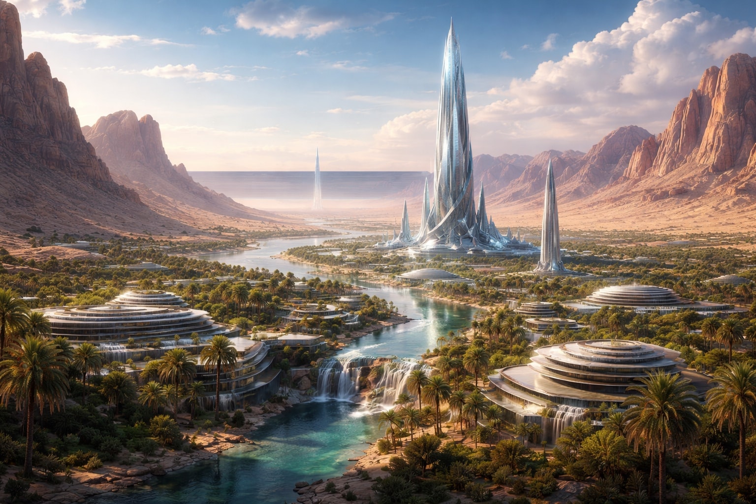 Futuristic desert settlement with sustainable architecture and advanced technology