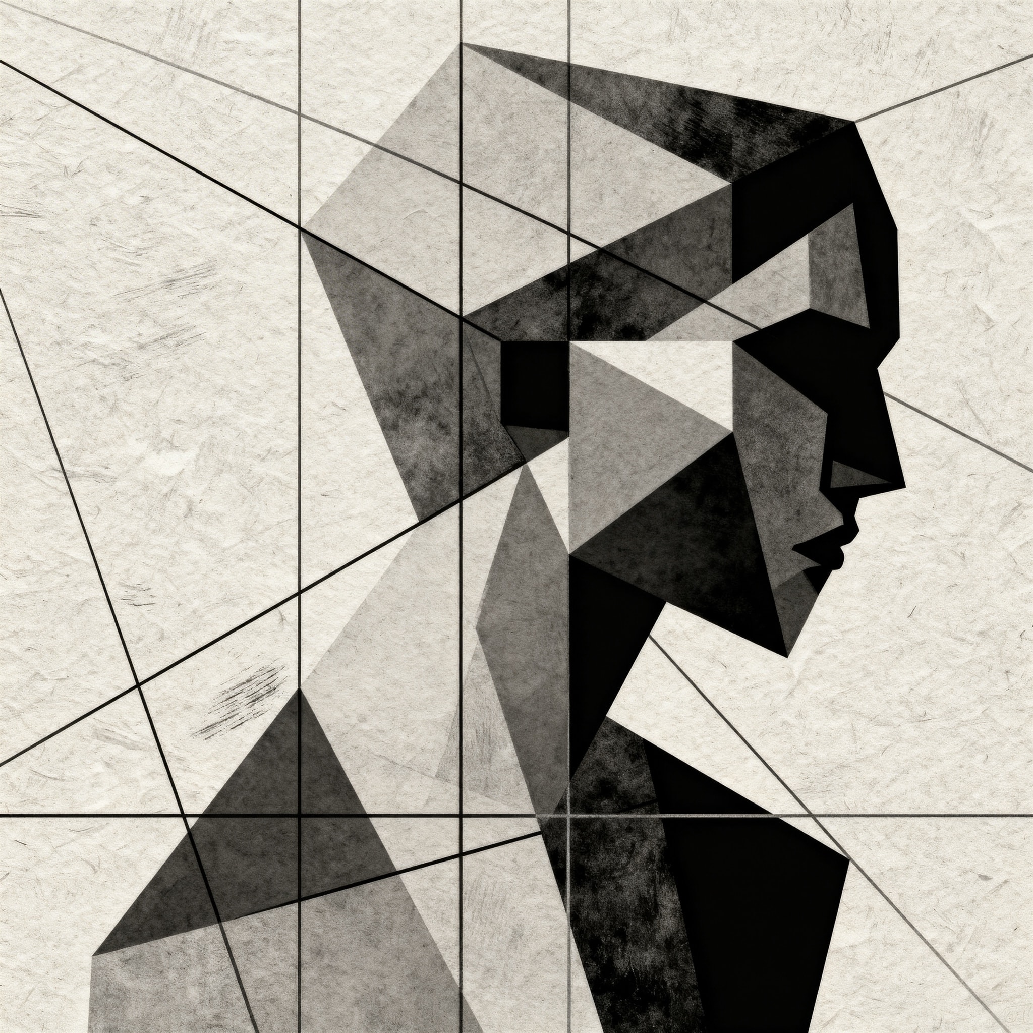 Artistic profile portrait with abstract geometric line overlay on a textured background