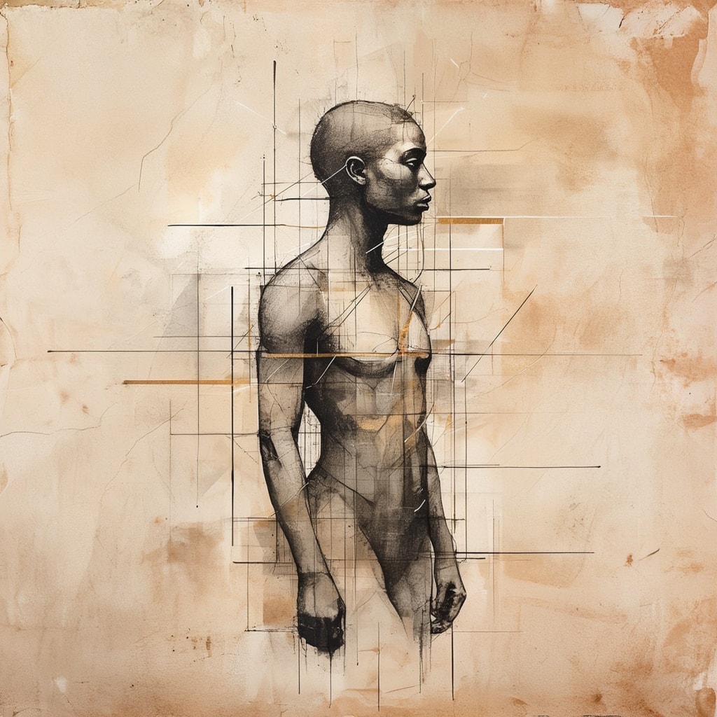 Abstract profile portrait overlaid with precise geometric lines and grids