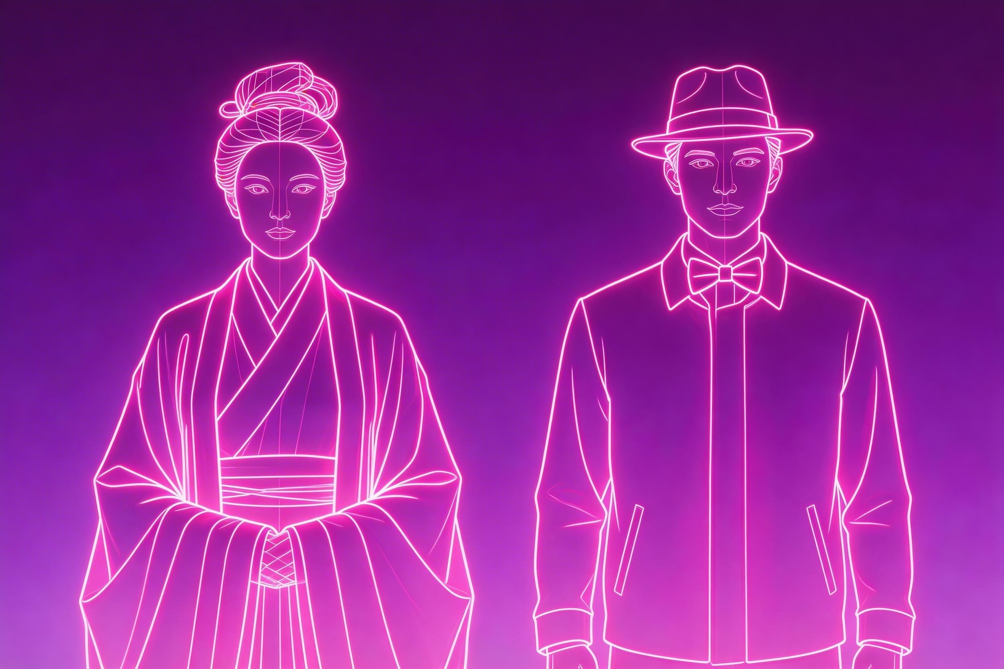 Two glowing pink wireframe figures, one in traditional robes and one in modern attire, on a purple gradient background