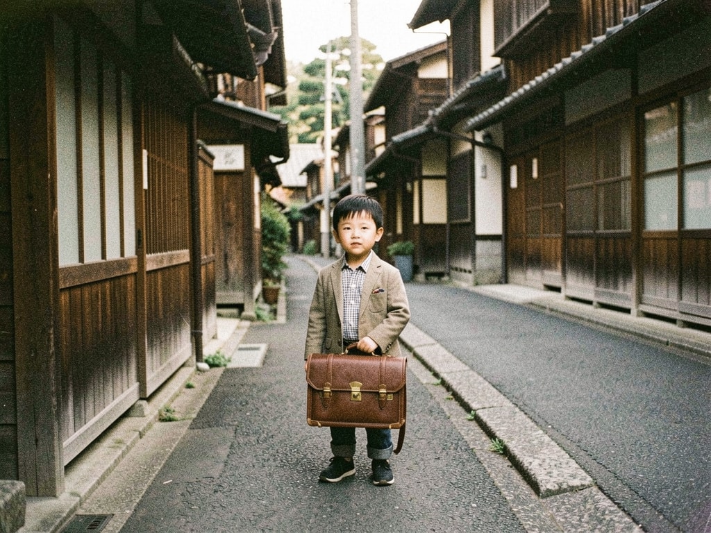Vintage grainy analog photograph of a small man carrying a ranzen backpack in a Japanese street