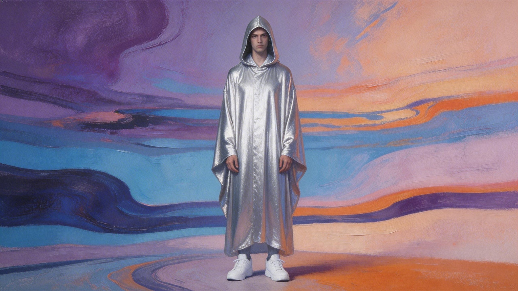 AI-generated artwork of a humanoid figure in a silver hooded robe and white sneakers standing in a surreal, abstract landscape with warped textures and color fields.