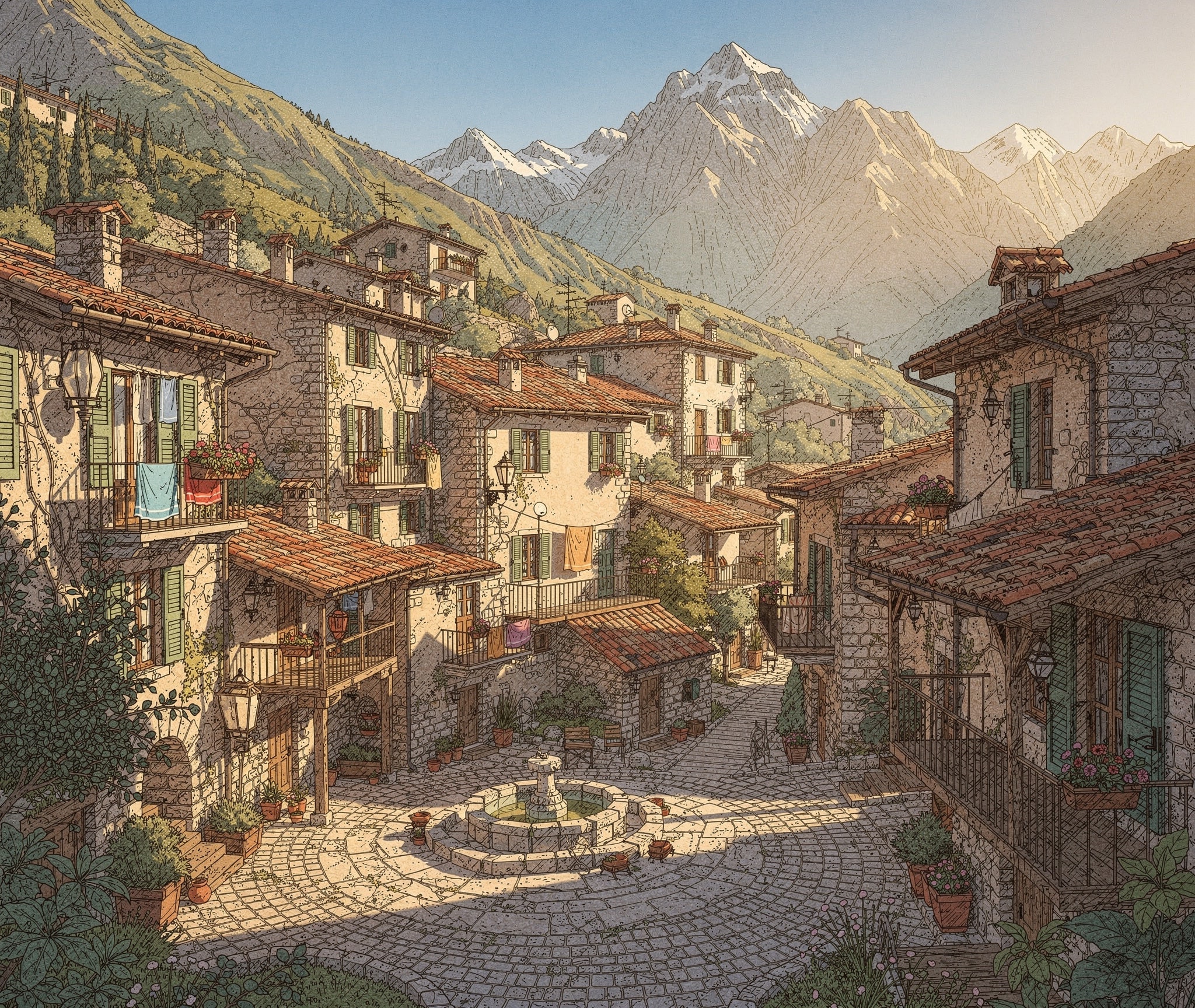Detailed octane-rendered wide shot of an old Italian mountain village in summer