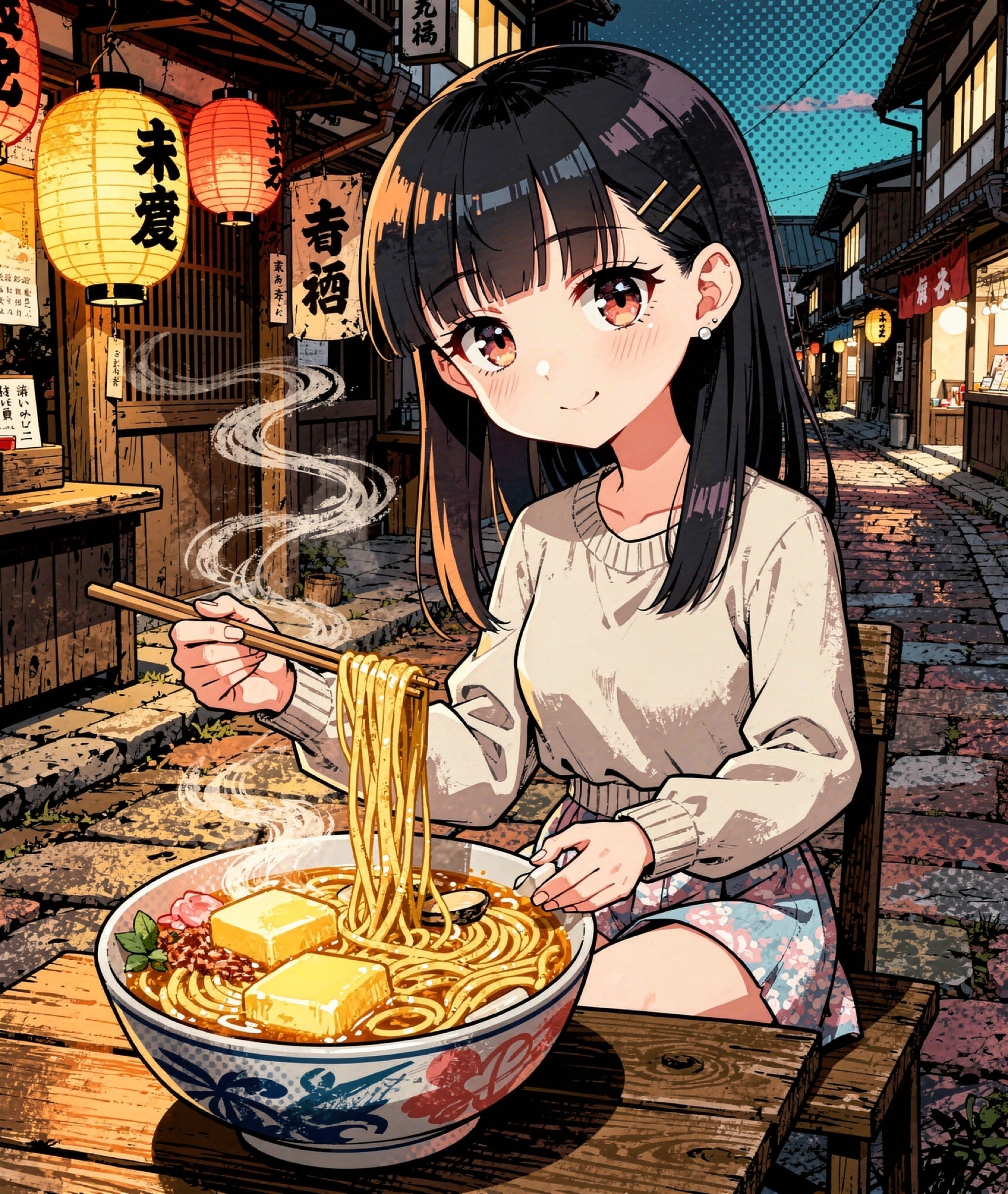Japanese girl eating butter ramen in a historic old town, pop art illustration