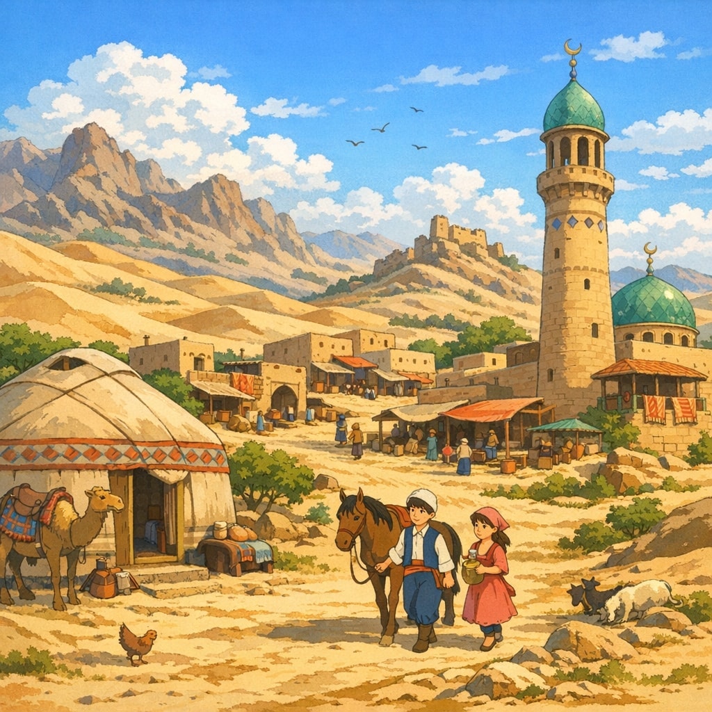 Studio Ghibli style illustration of a peaceful desert village in Kazakhstan