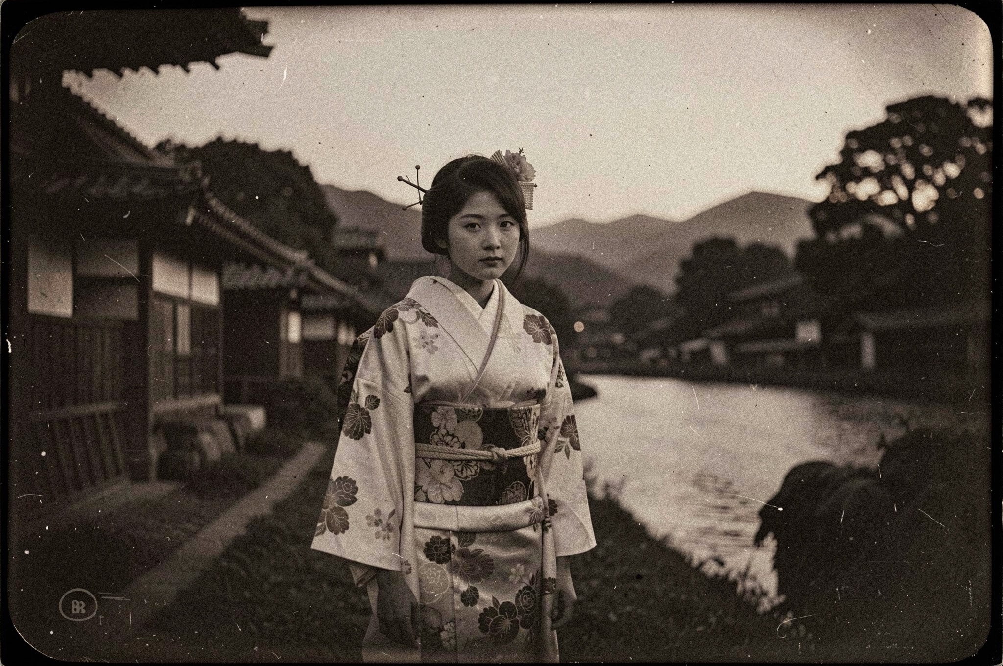 Grainy tintype photo of a young woman in a traditional kimono standing in the Japanese countryside at dusk