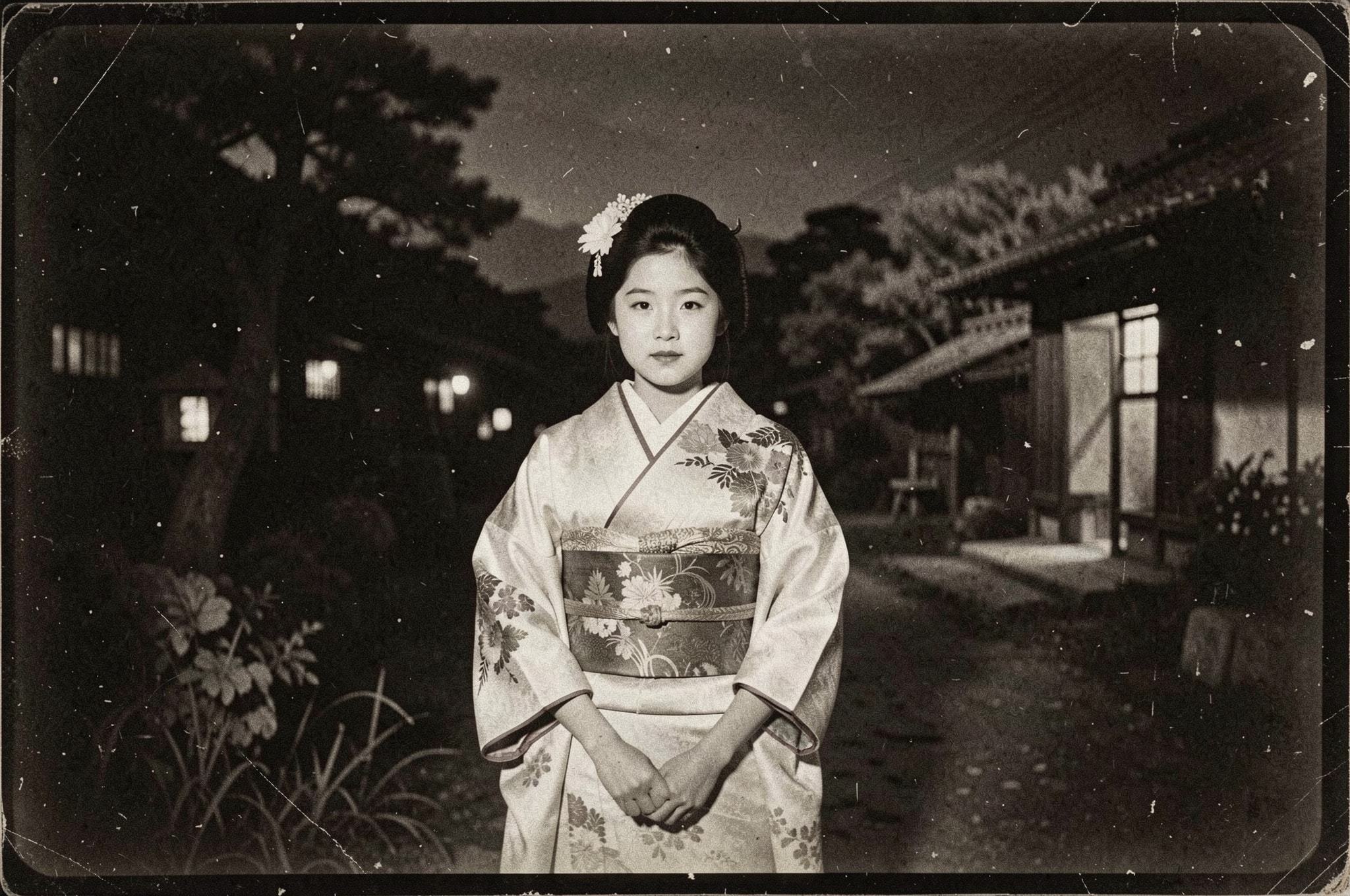 Vintage tintype photo of a young woman wearing a traditional kimono in the Japanese countryside at night