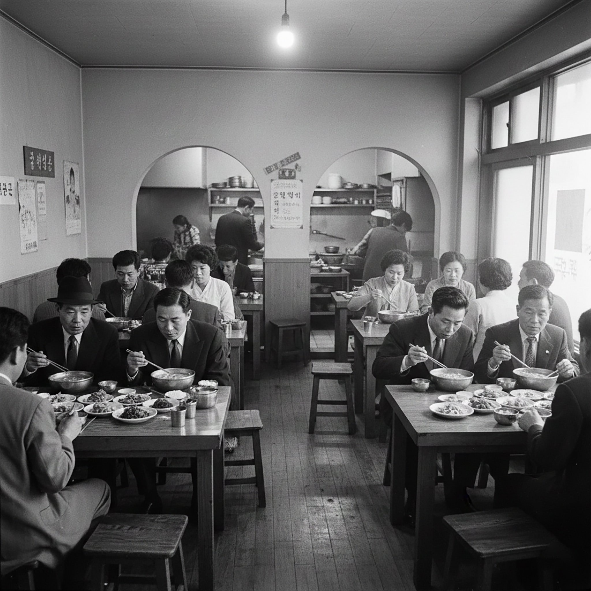 Black and white photo of people, mostly men in suits, eating noodles and side dishes at wooden tables inside a modest Korean restaurant, with staff visible in the background kitchen area through archways.