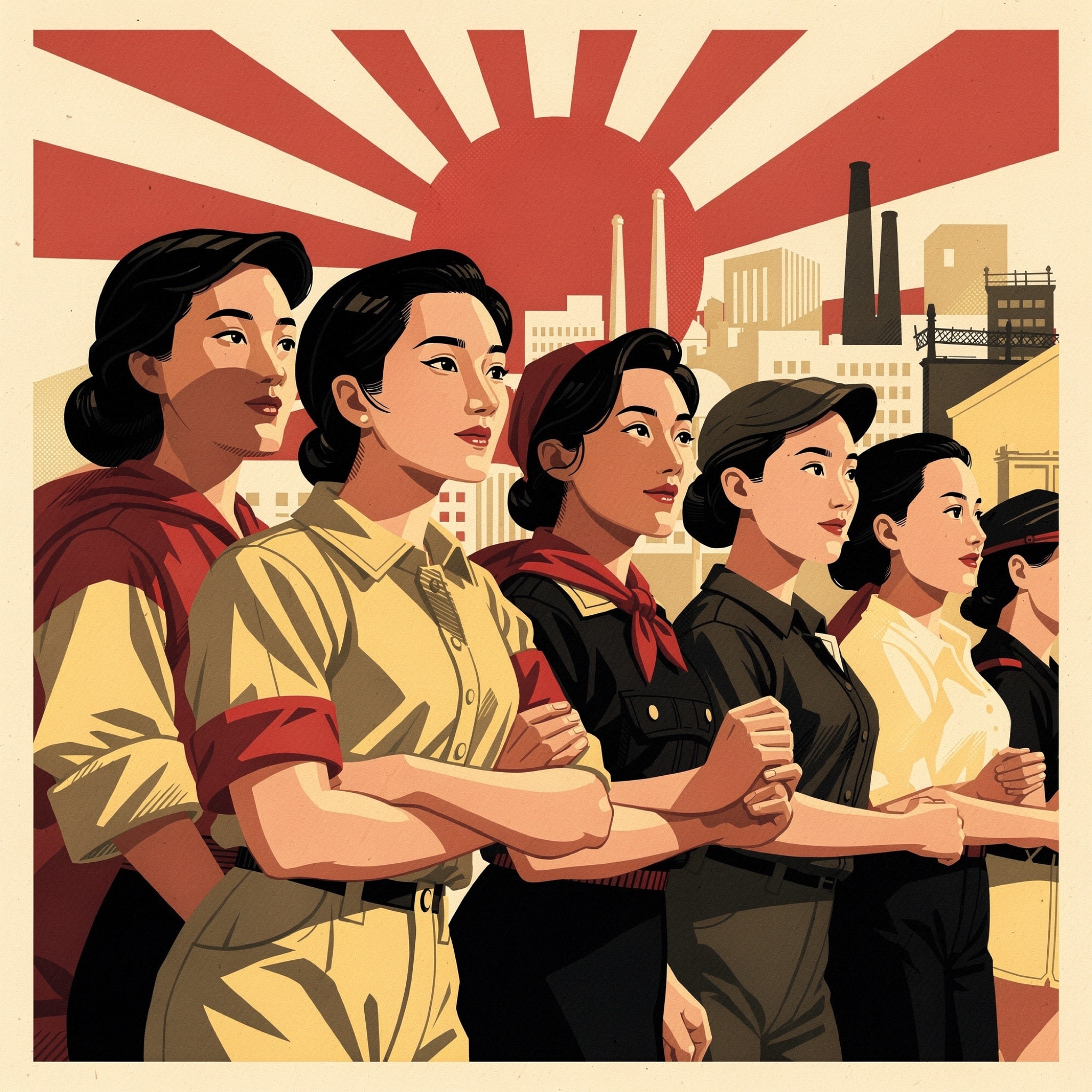 Beautiful Korean women in a vintage Soviet propaganda poster art style