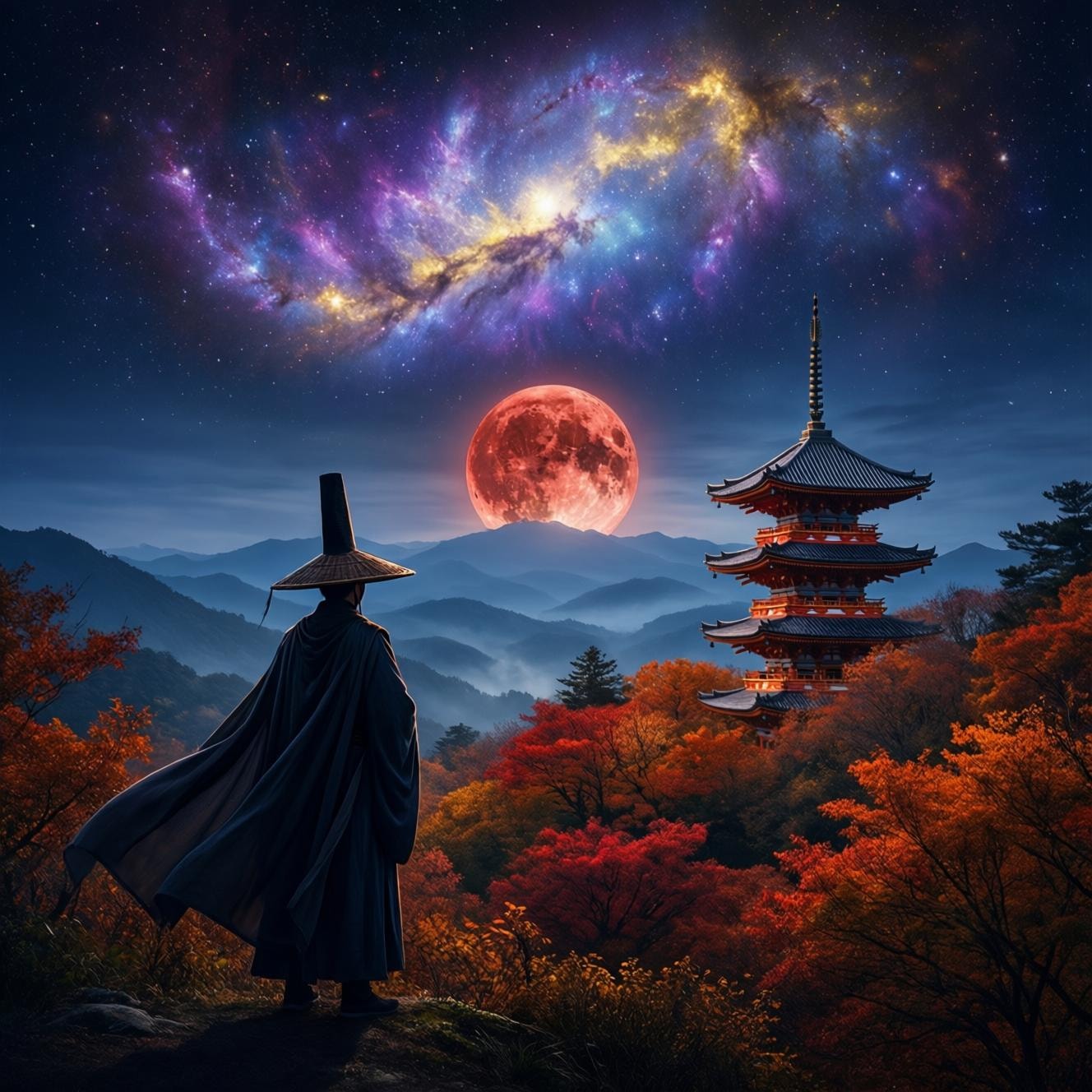 A robed figure gazes at a large red moon over misty mountains, with a pagoda and nebula in a forest at night.