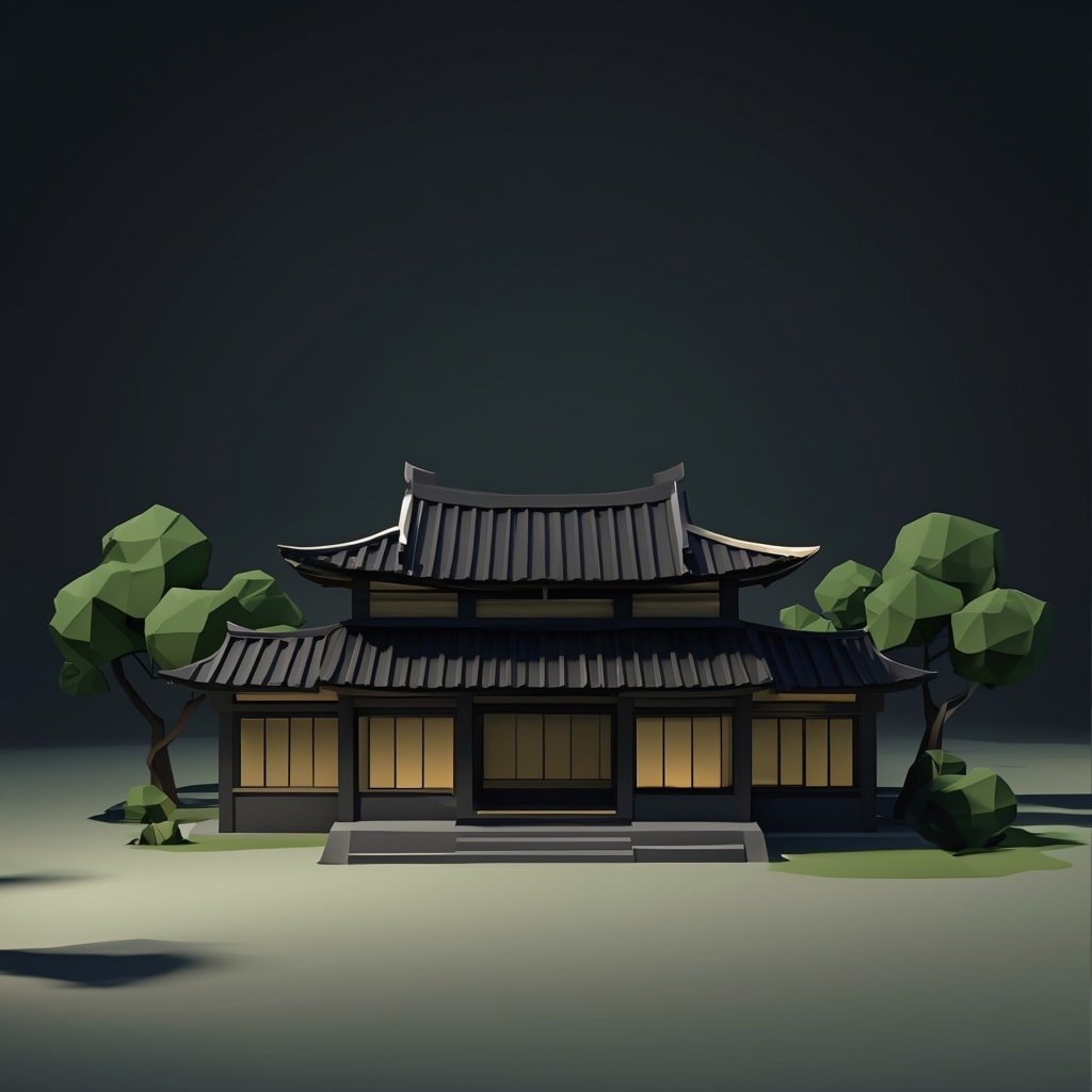 Stylized low-poly digital illustration of a symmetrical traditional East Asian building with curved black roofs, golden window panels, and abstract green trees