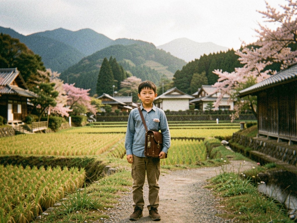 Grainy analog photo of a small man carrying a ranzen backpack in rural Japan