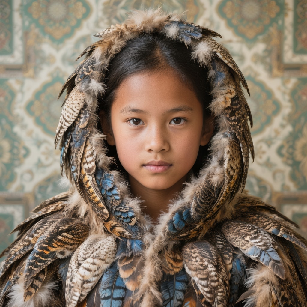 Young Mongolian girl in a colorful owl feather coat against a Korean pattern background, super realistic photo