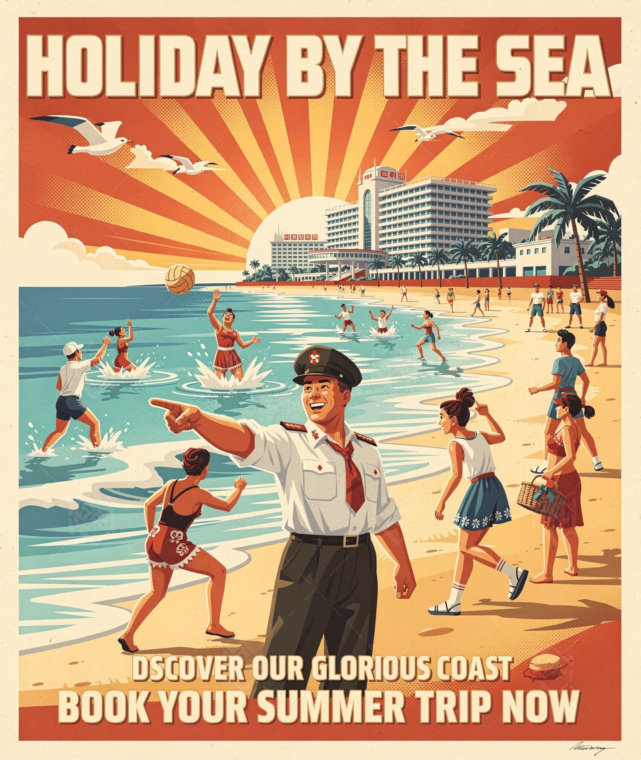 Vintage North Korean propaganda poster depicting a joyful beach holiday