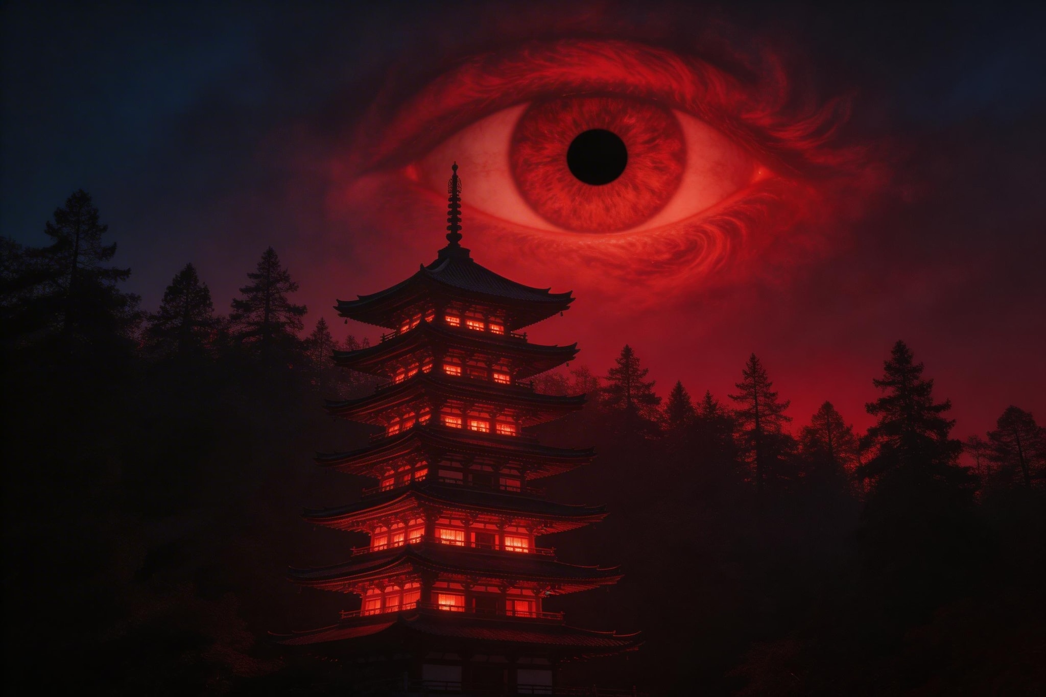Silhouette of a multi-tiered pagoda at night with a giant red eye in the sky