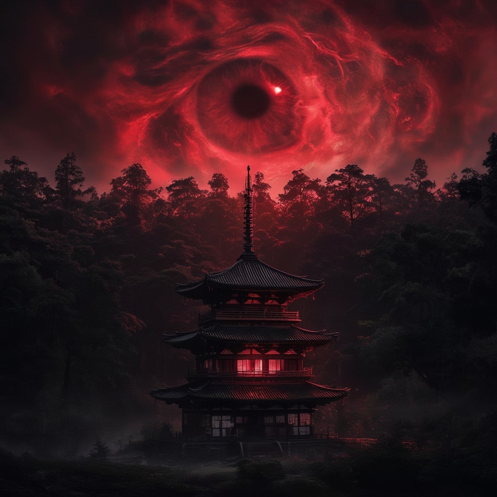 Silhouette of a multi-tiered pagoda at night under a giant red eye in the sky