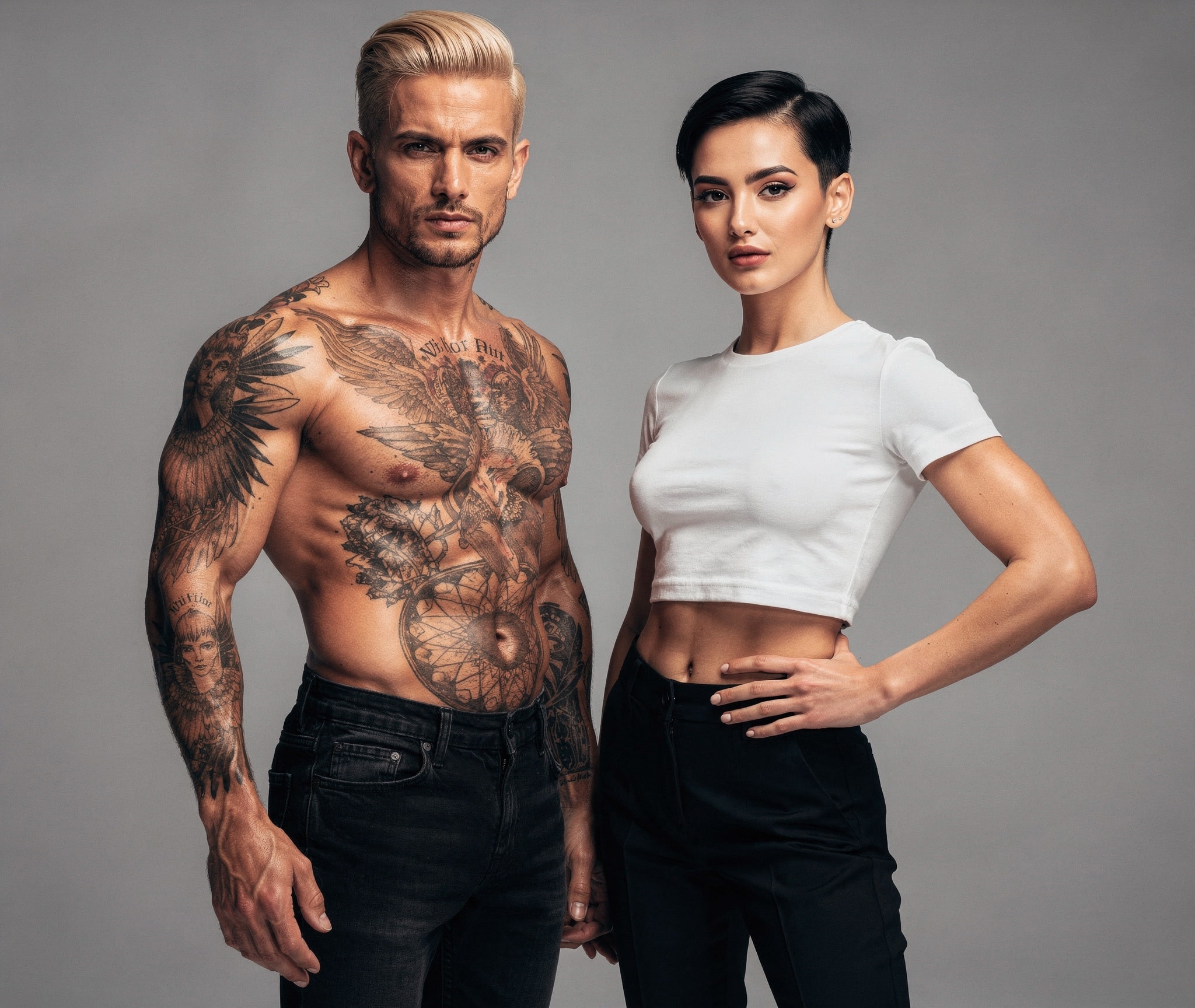 Portrait of a tattooed Persian man and an androgynous woman in a crop top