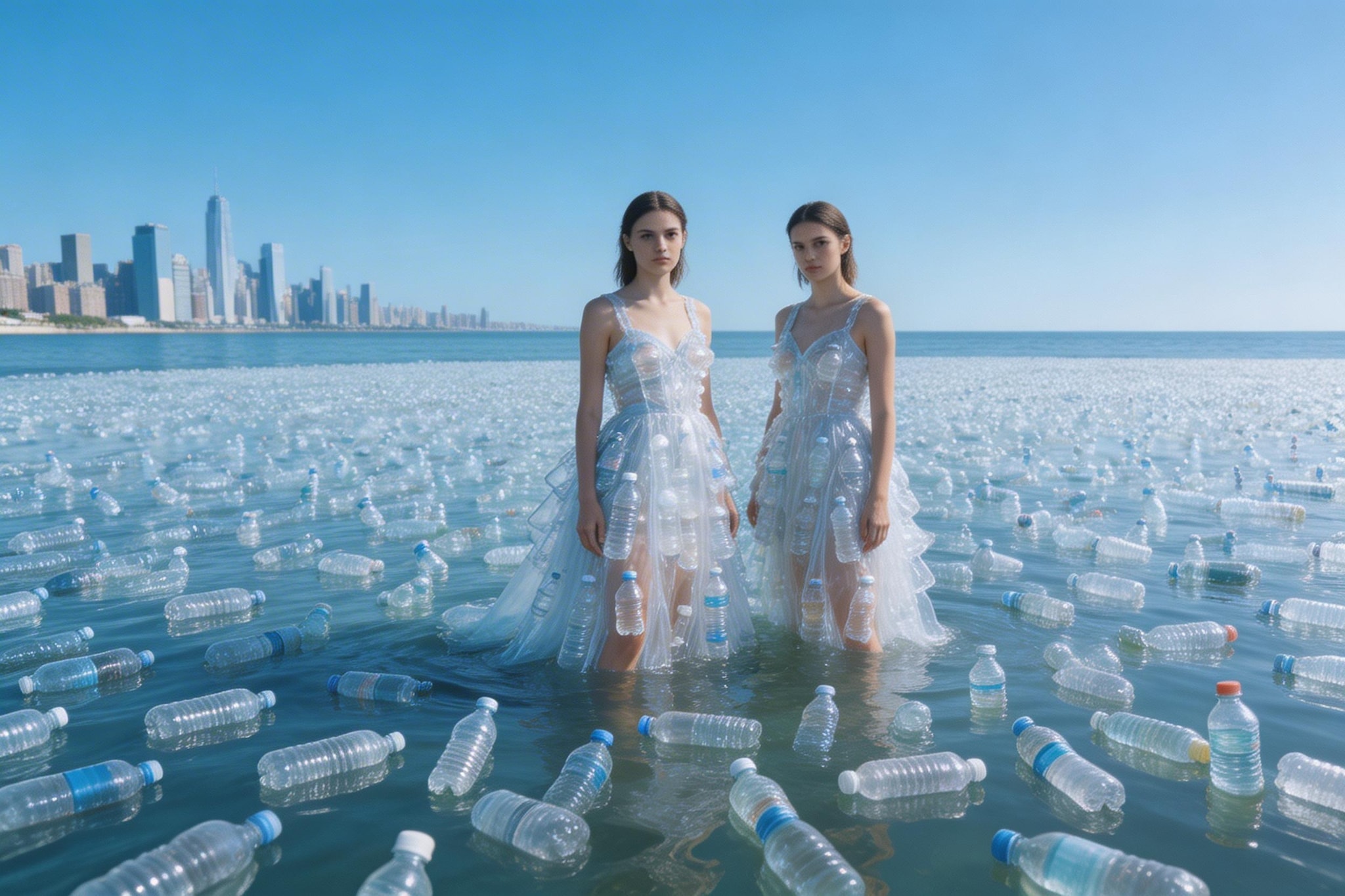 Two people in plastic bottle dresses standing in a plastic-covered ocean with a city skyline under a blue sky