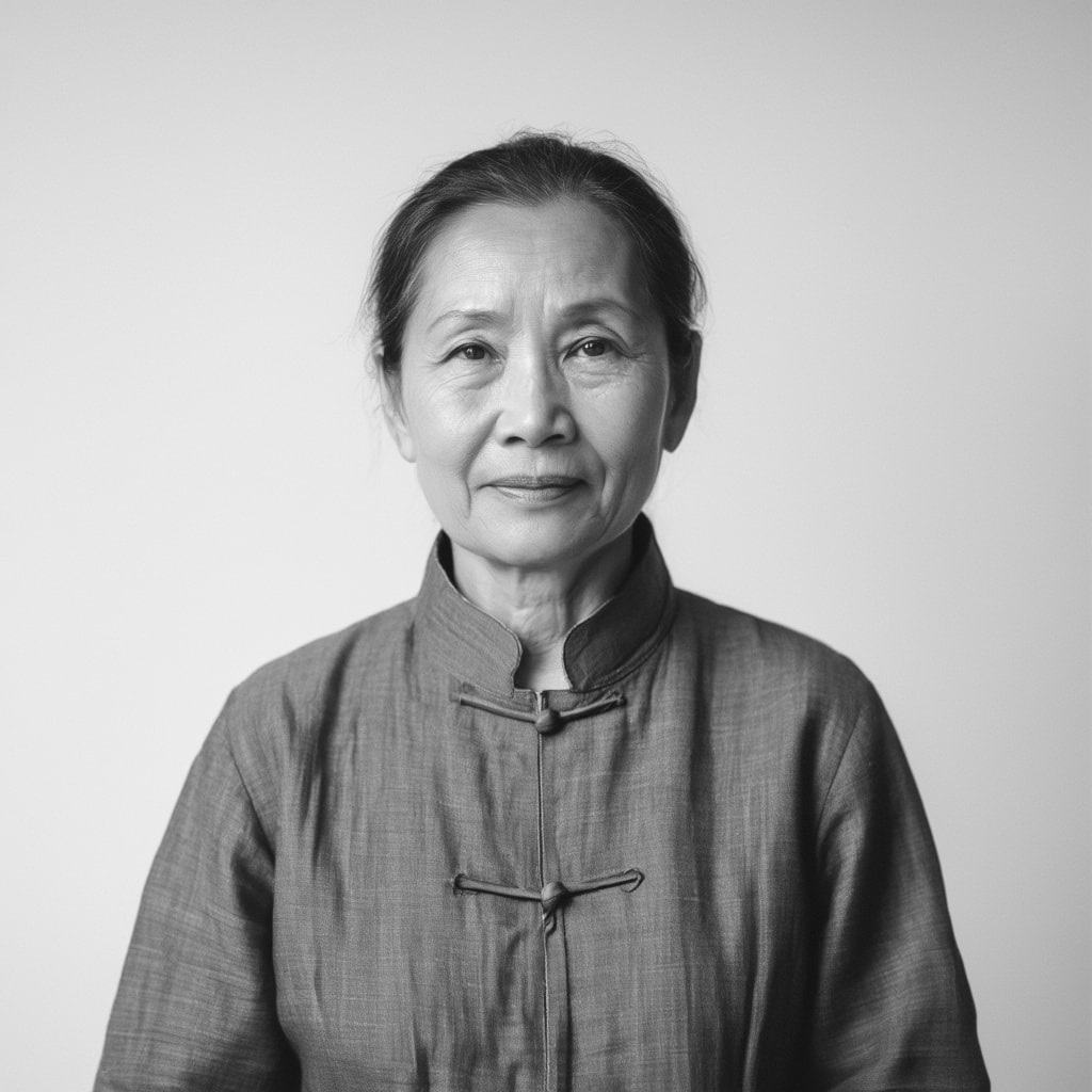 Black and white portrait of a calm woman in a traditional high-collared garment with frog closures