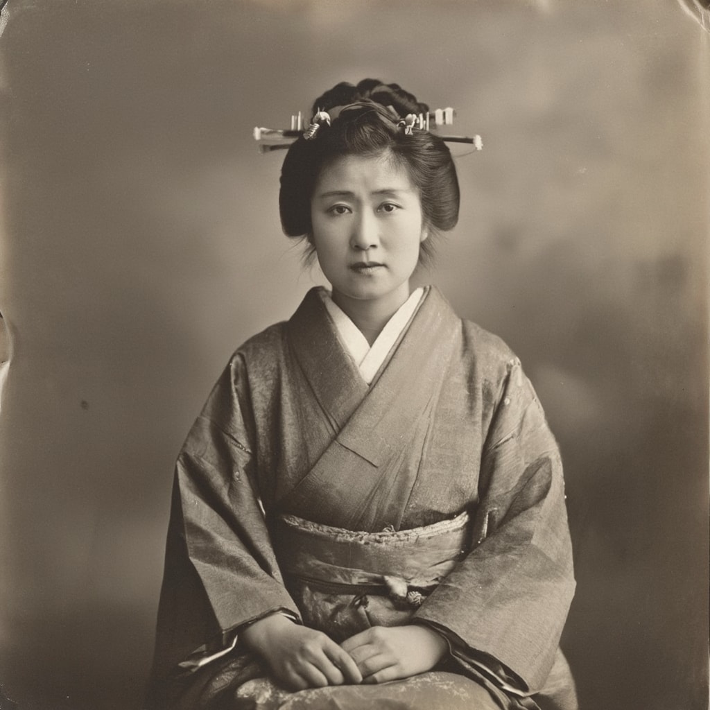 Sepia-toned portrait of a Japanese woman in traditional attire from the Meiji era
