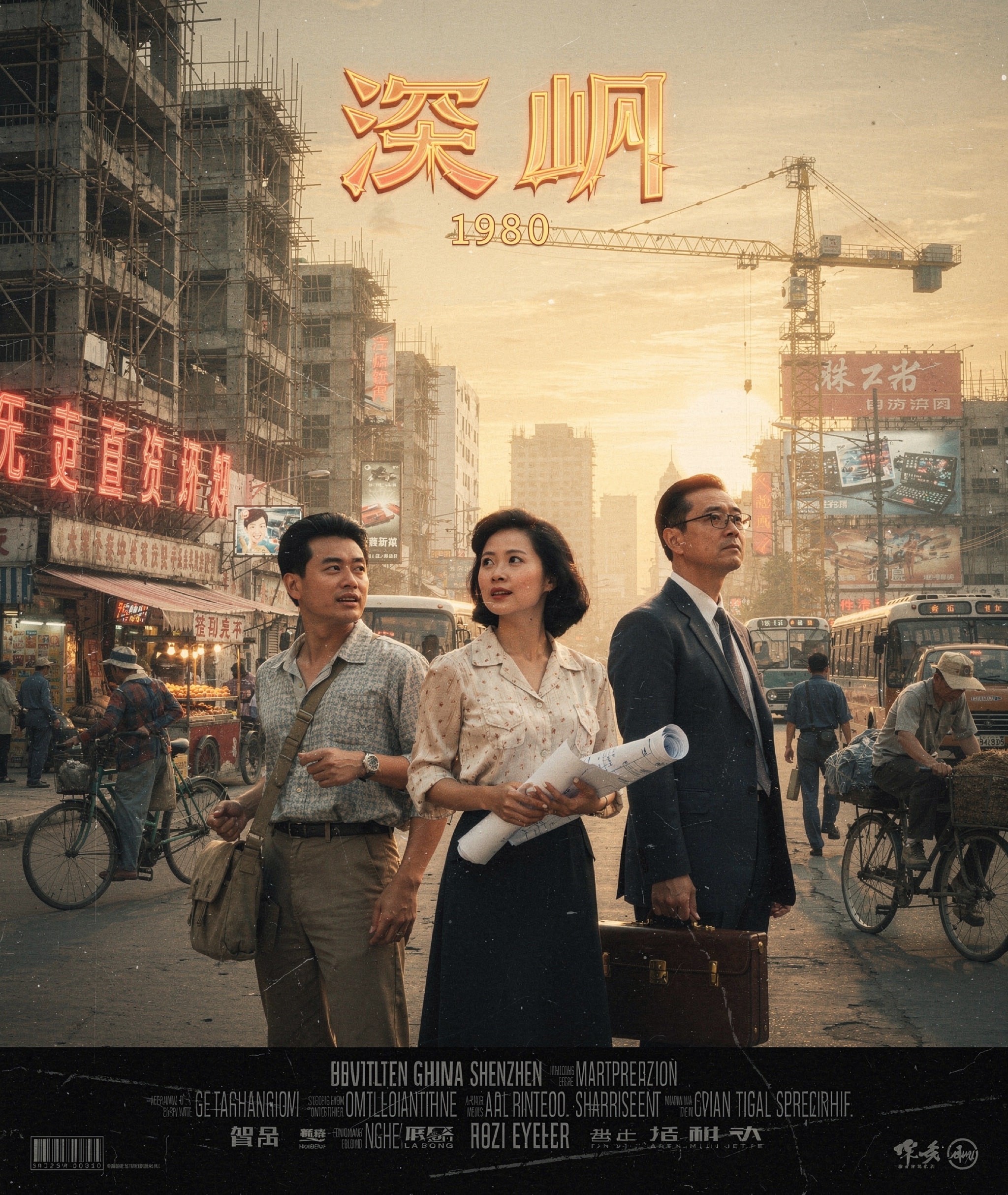 Vintage movie poster depicting 1980s Shenzhen cityscape and neon signs