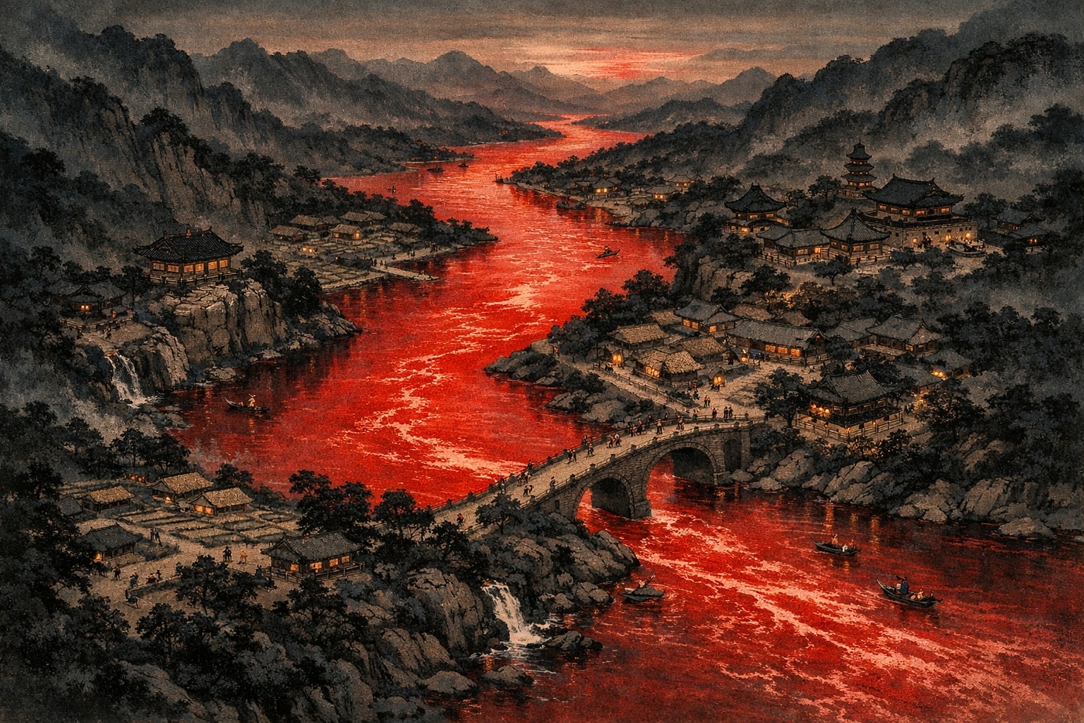 Detailed realistic painting of a red river flowing through dark ancient Korean landscape, aerial perspective