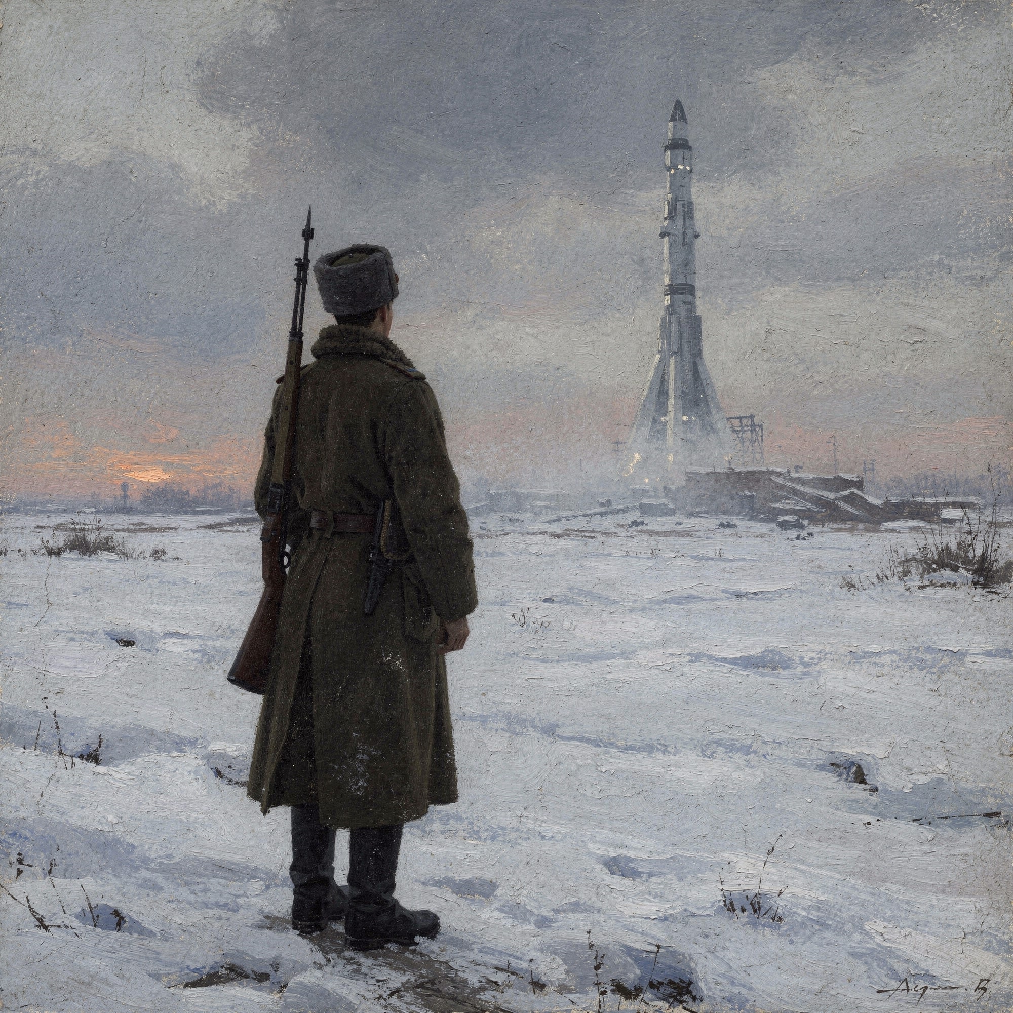 A soldier in a heavy winter coat watching a rocket on a distant launchpad in a snowy field.