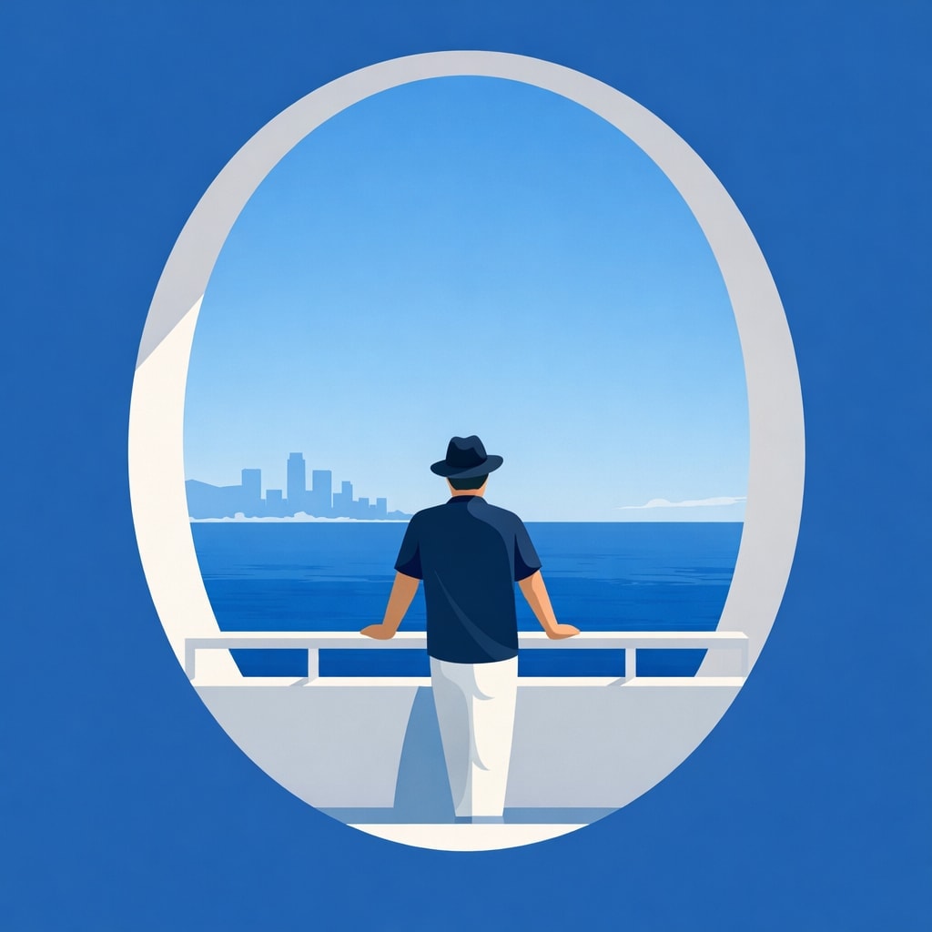 Stylized minimalist illustration of a person on a white balcony looking towards a distant city across calm blue water.
