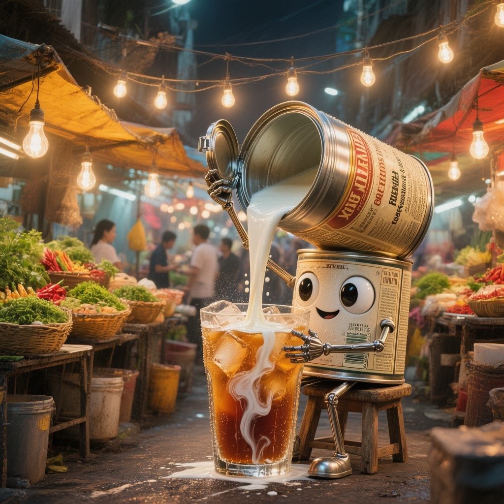 Surreal anthropomorphic condensed milk can pouring into iced tea glass at vibrant night market