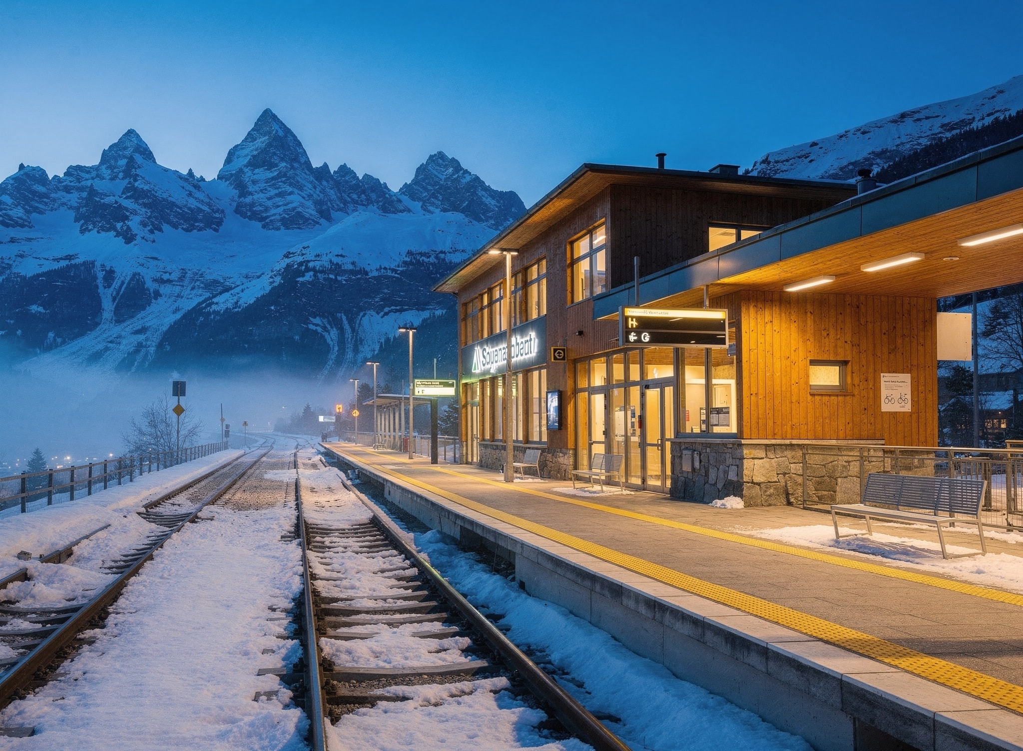 Modern Swiss alpine train station architecture during blue hour dusk