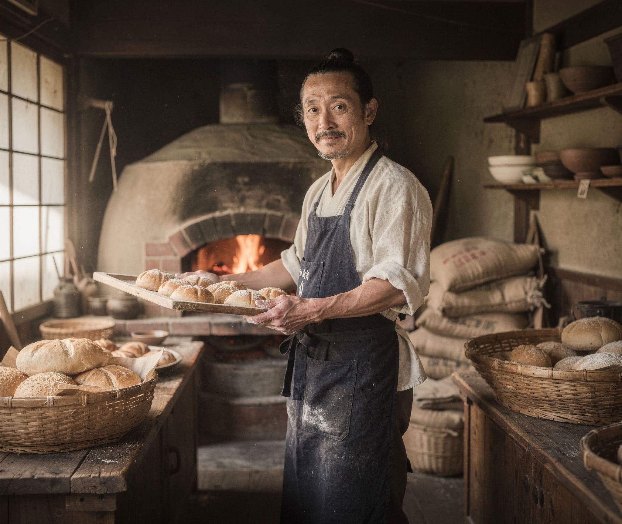 A traditional Asian baker in an apron holding a tray of fresh rolls in front of a rustic brick oven with a fire burning inside.