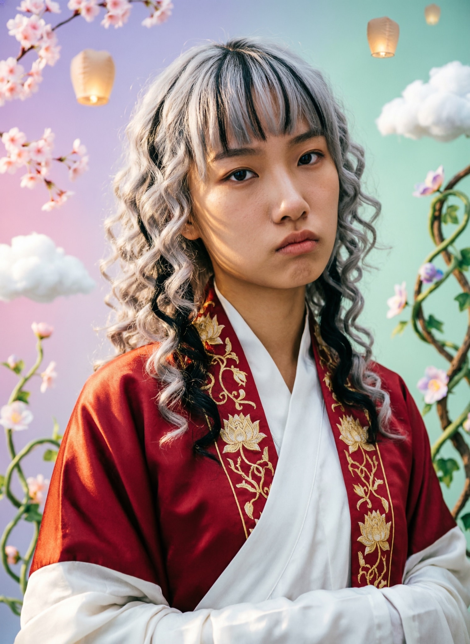 Young person with silver curly hair in a red embroidered robe against a surreal sky background.