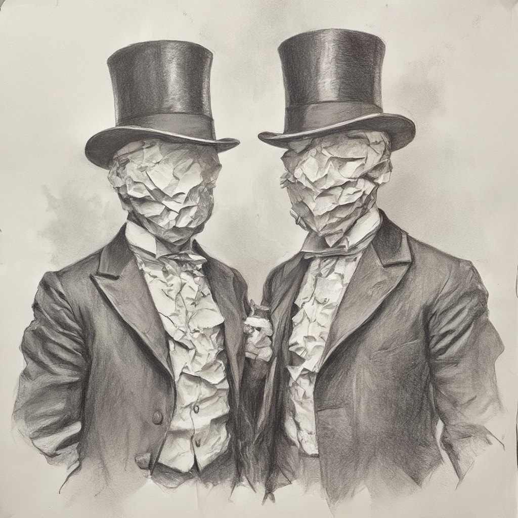 Pencil drawing of two people in suits and top hats with faces obscured by crumpled paper