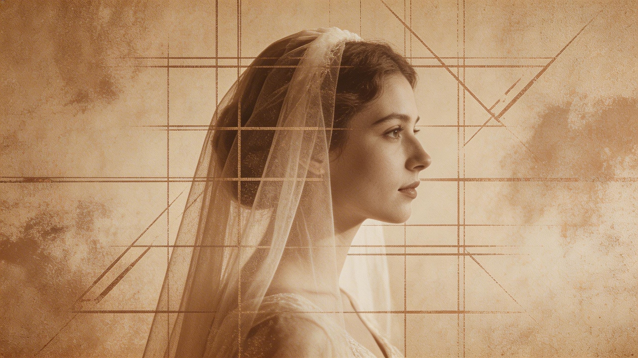 Historic artistic rendering of a veiled woman in profile with overlaid geometric lines and a gritty textured background