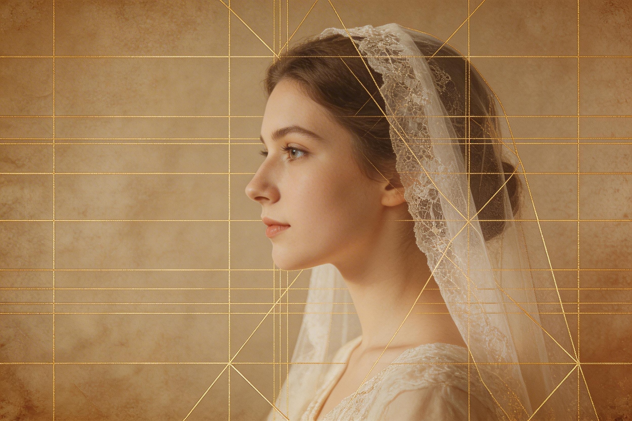 Profile portrait of a veiled woman overlaid with geometric lines and grids on a textured surface, evoking a historic wedding