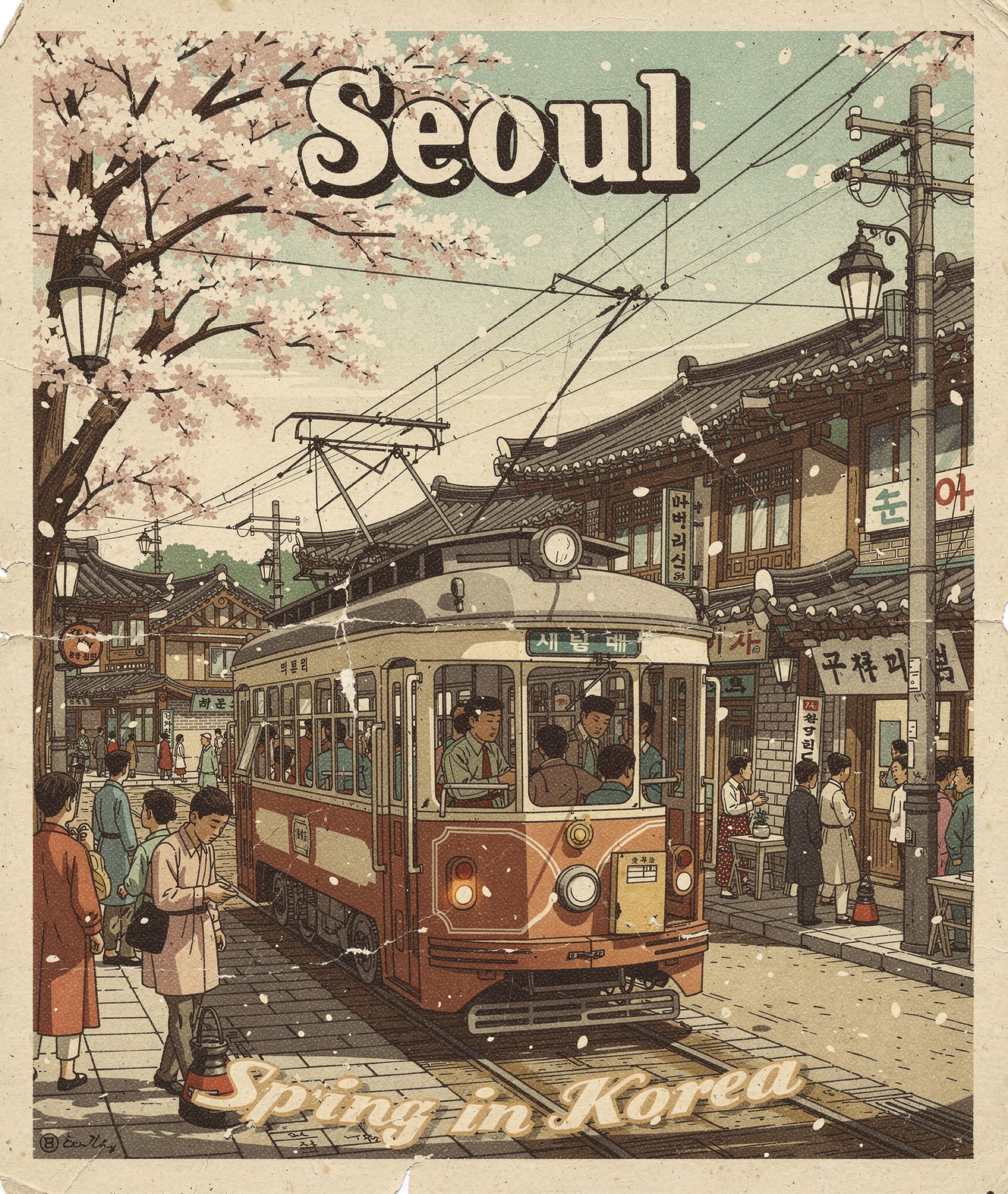 Vintage illustration of a detailed streetcar in historic Seoul cityscape during spring
