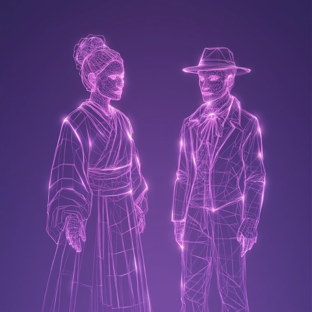 Glowing pink wireframe figures: one in traditional robes, one in modern attire, against a purple gradient background