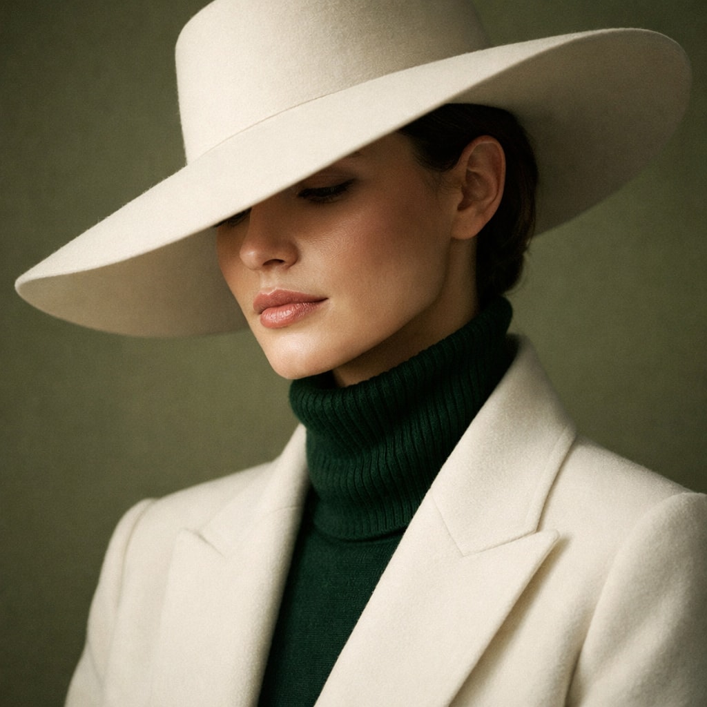 Portrait of a woman wearing a wide-brimmed cream hat and a forest green turtleneck sweater.