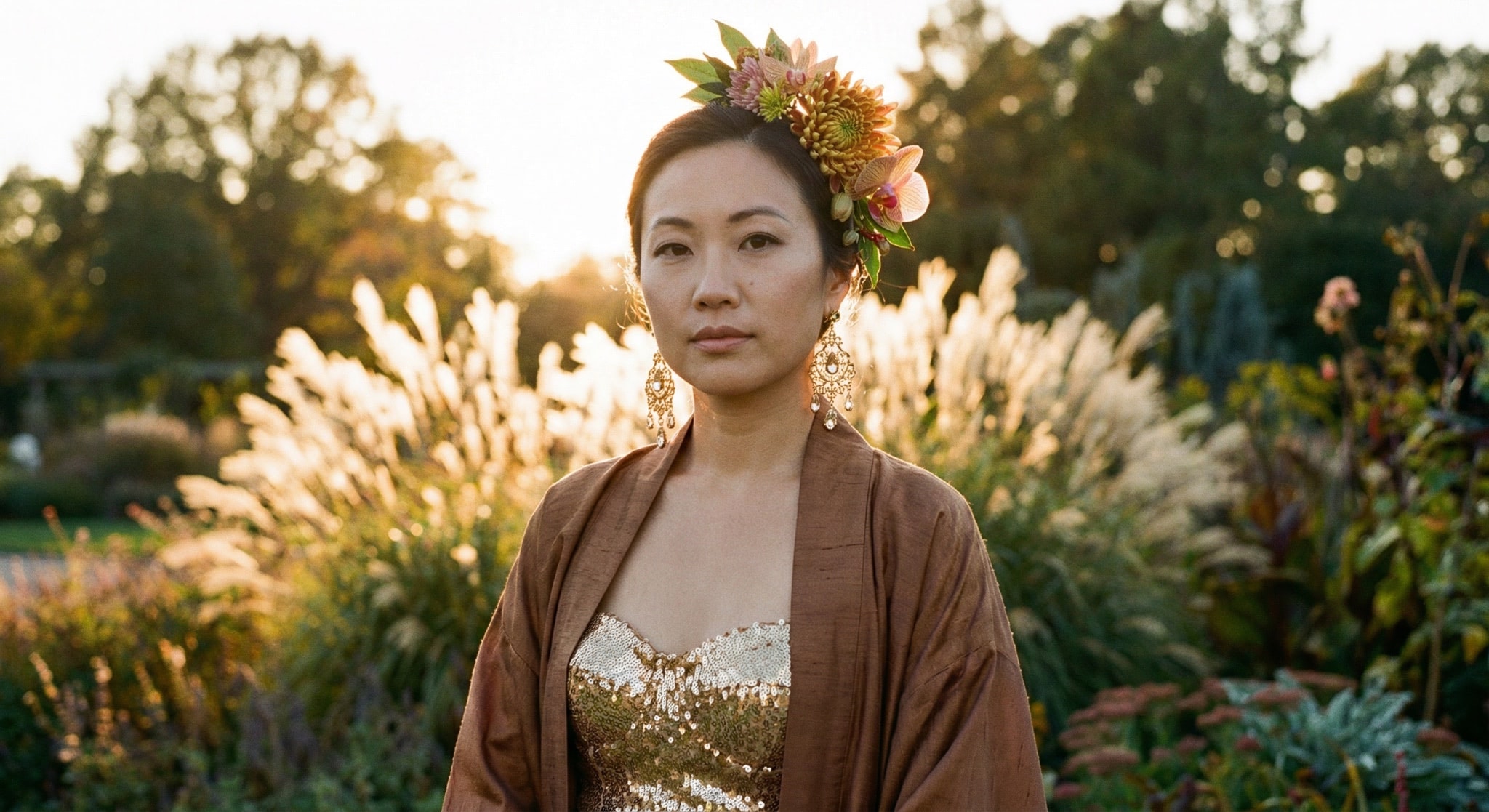 Woman with floral headpiece and gold jewelry in a golden hour garden setting.