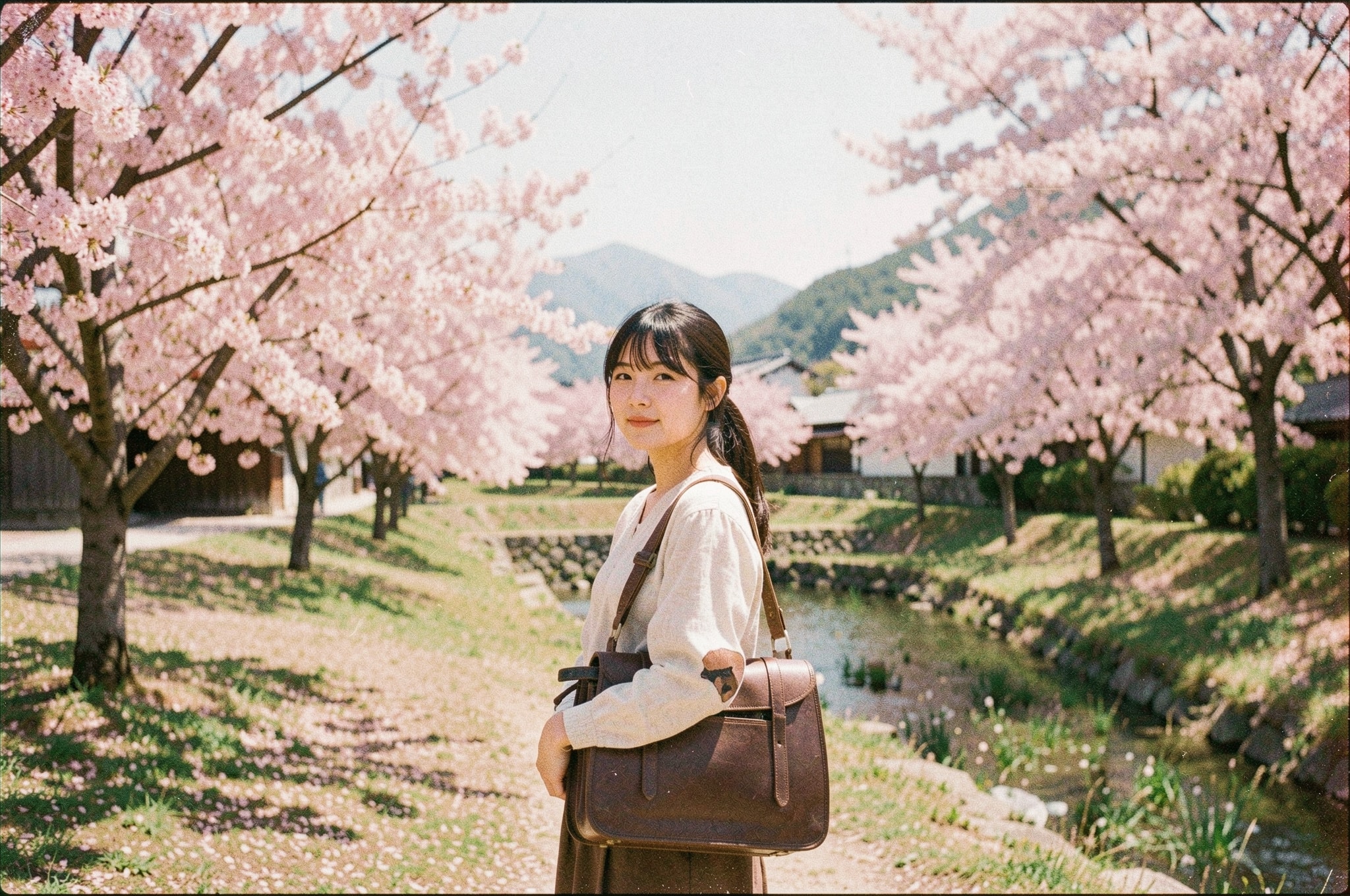 Analog photo of a woman carrying a ranzen under cherry blossoms in Japanese countryside