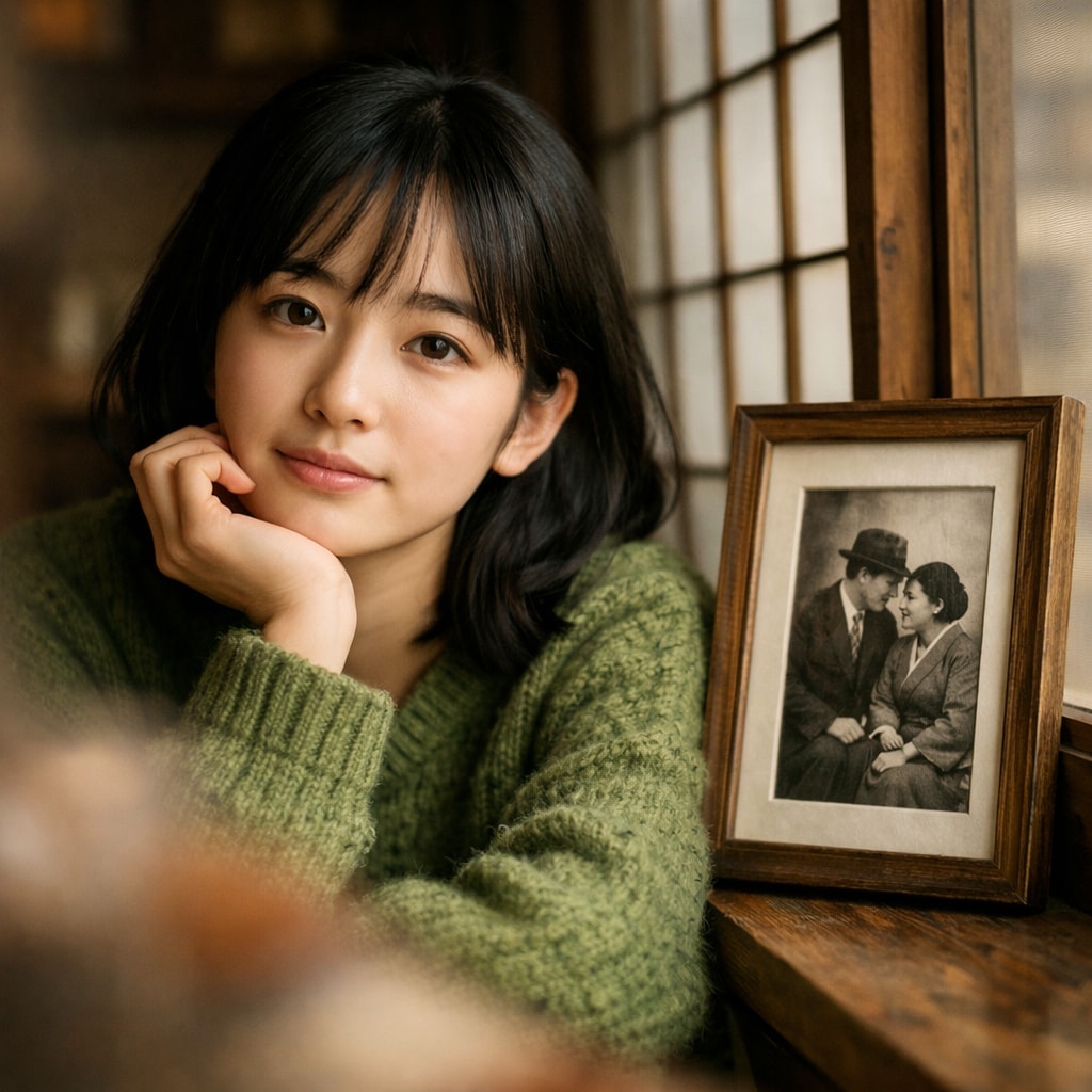 Young East Asian woman in green sweater resting chin on hand near traditional Japanese shoji screen window with black-and-white photo