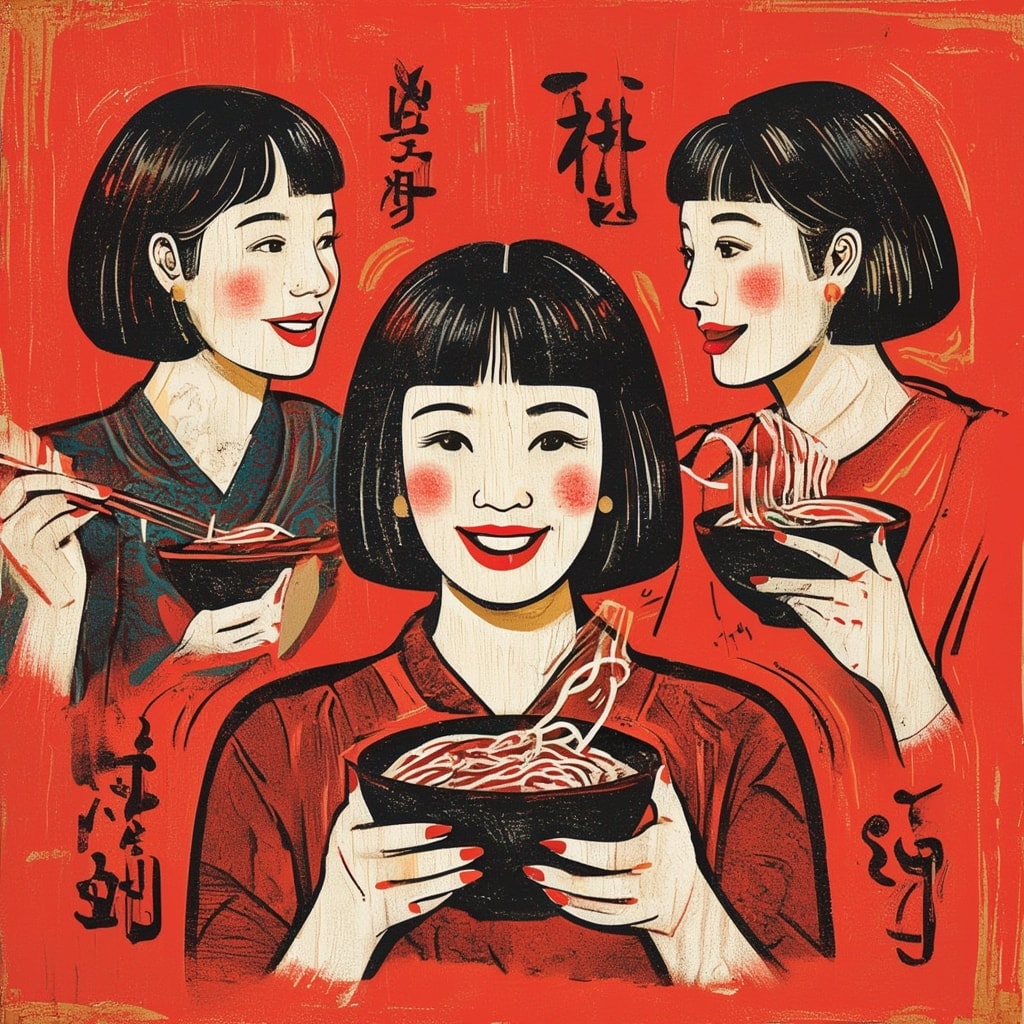 Colorful block print illustration of three women with bob haircuts holding noodle bowls